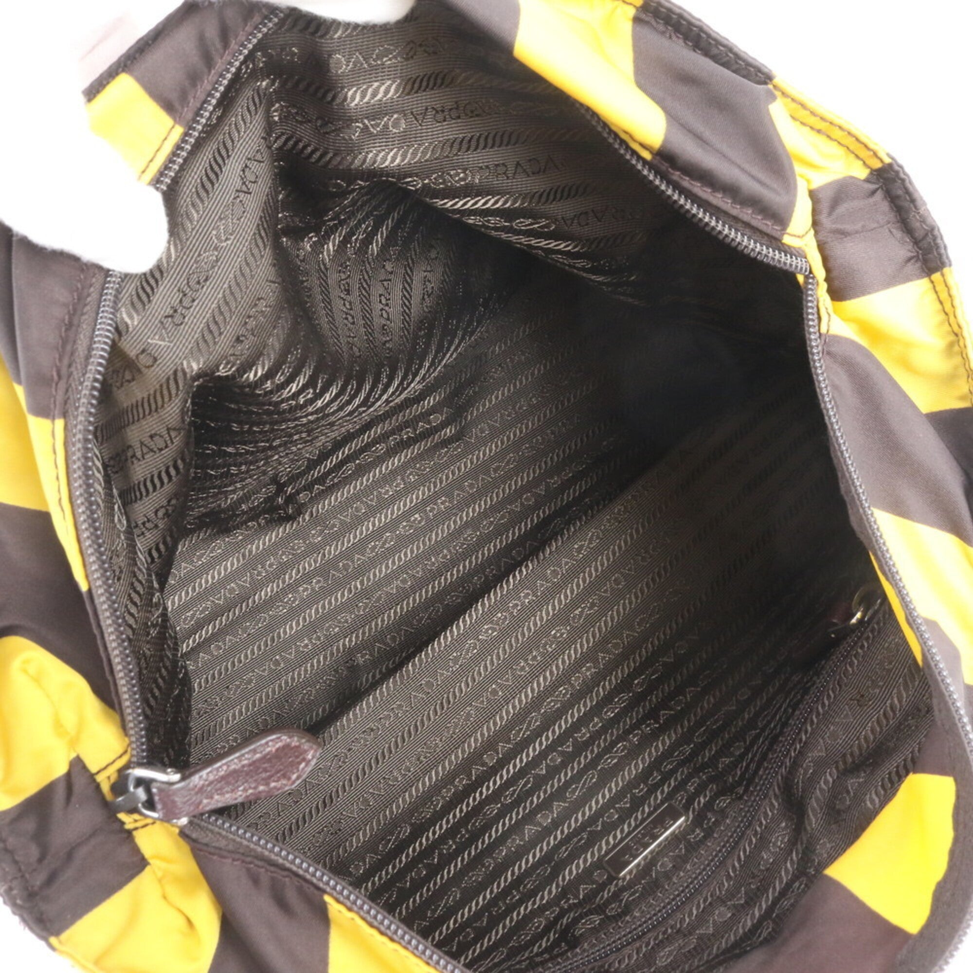 Prada Brown Yellow Nylon Leather Handbag Shoulder Bag Tote Bag (Pre-Owned)