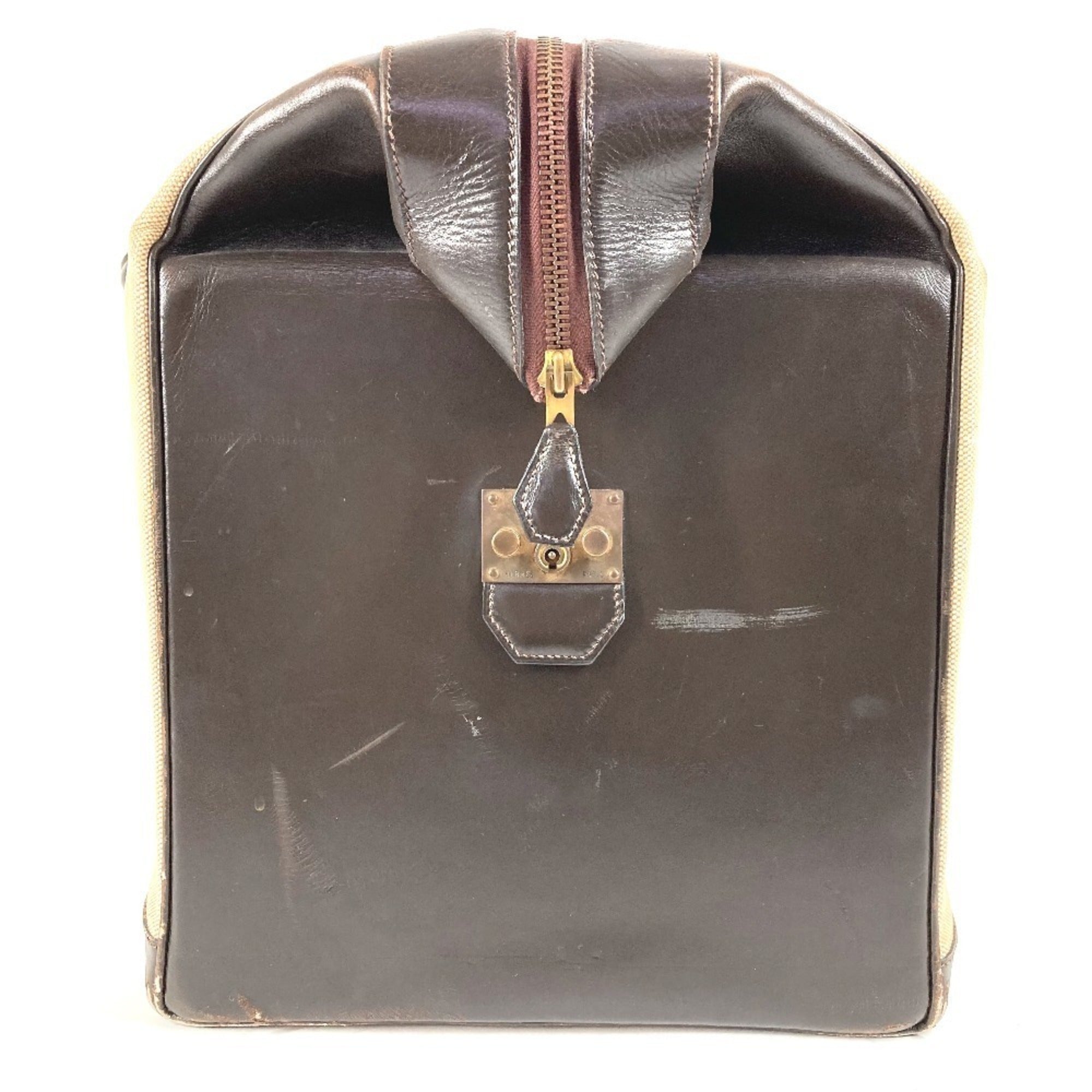 Hermes Beige Dark Brown Leather Canvas Boston Bag (Pre-Owned)