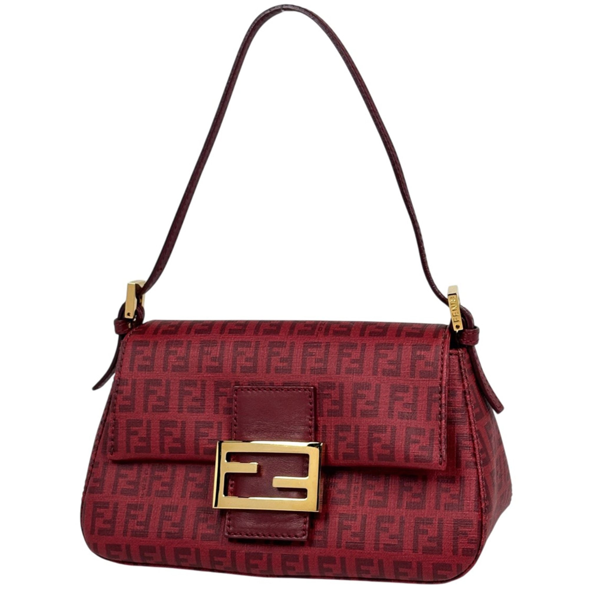 Fendi Zucchino Red Color Coated Canvas Leather Shoulder Bag (Pre-Owned)