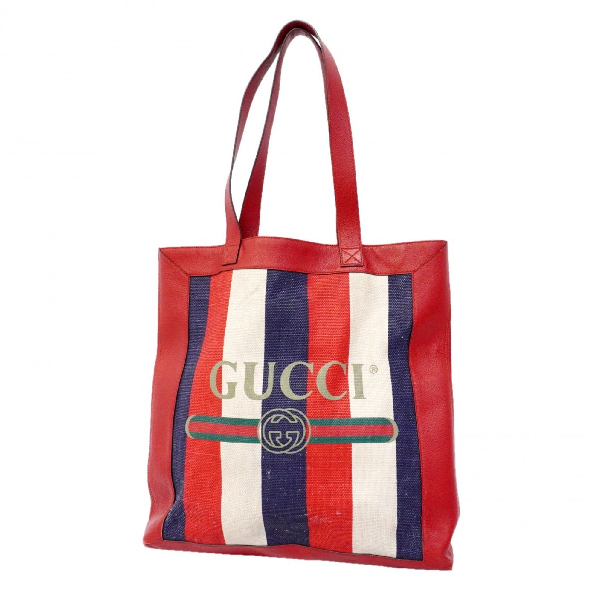 Gucci Navy Red Color Canvas Leather Tote Bag (Pre-Owned)
