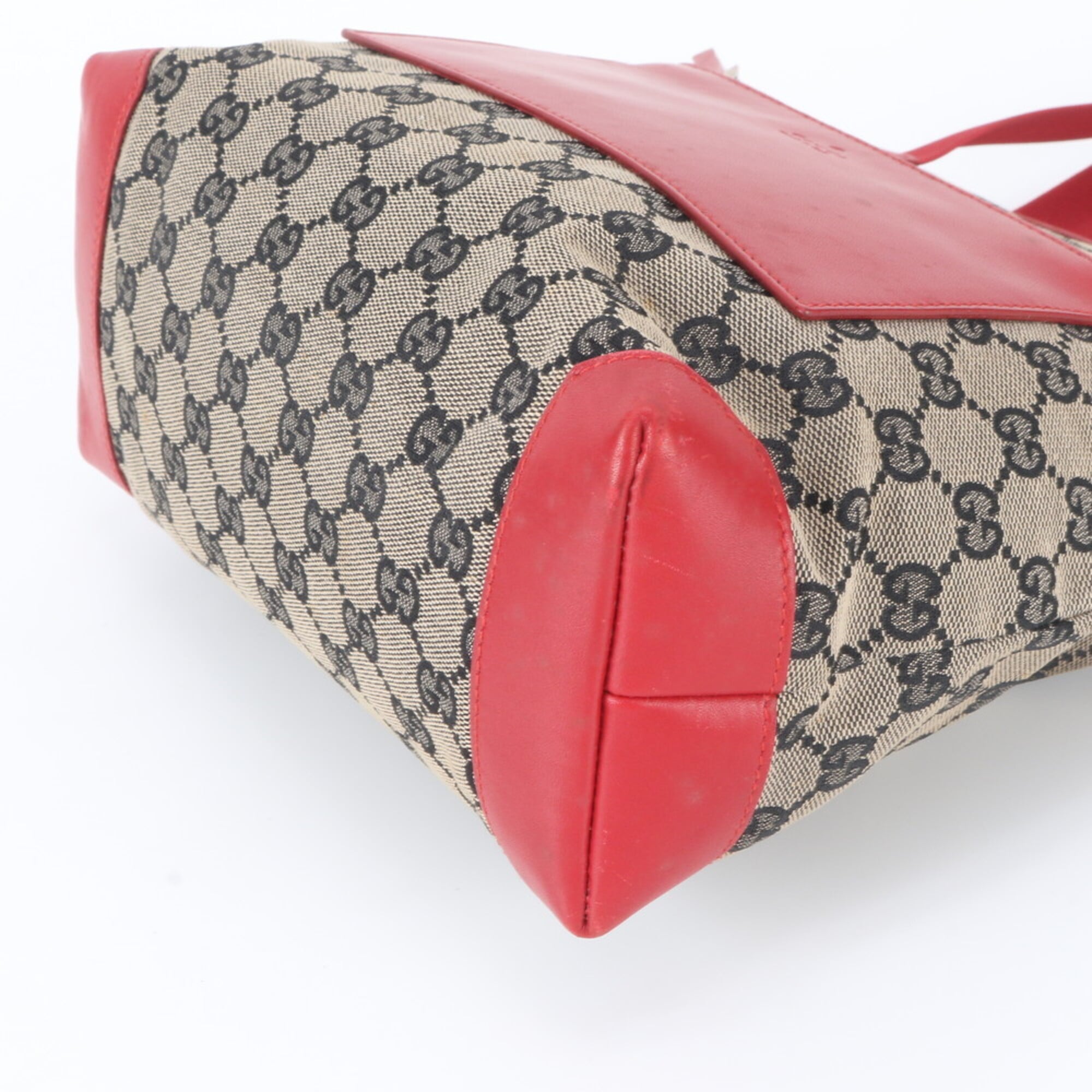 Gucci Red Color Leather Canvas Handbag Shoulder Bag Tote Bag (Pre-Owned)