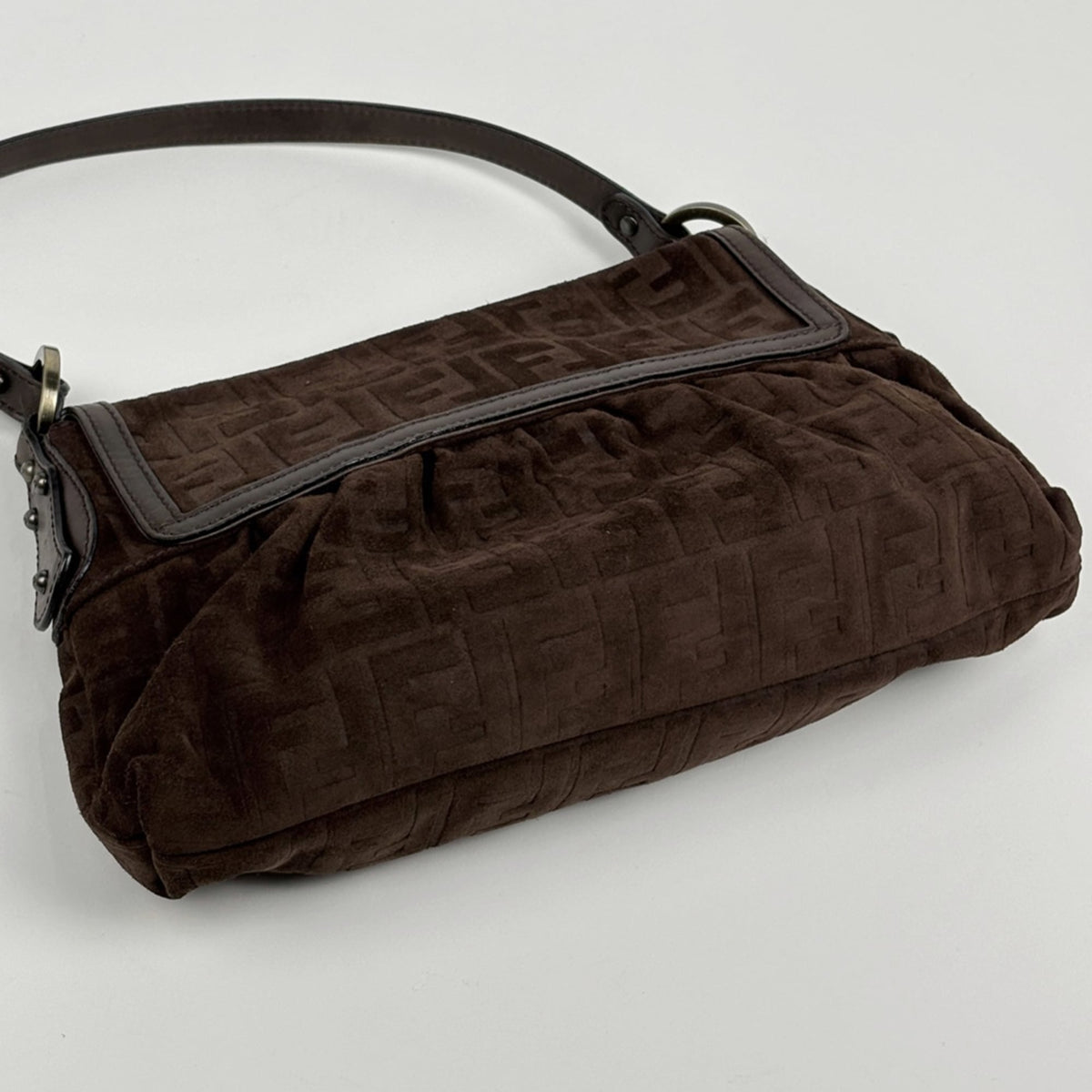 Fendi Zucca Brown Suede Shoulder Bag (Pre-Owned)