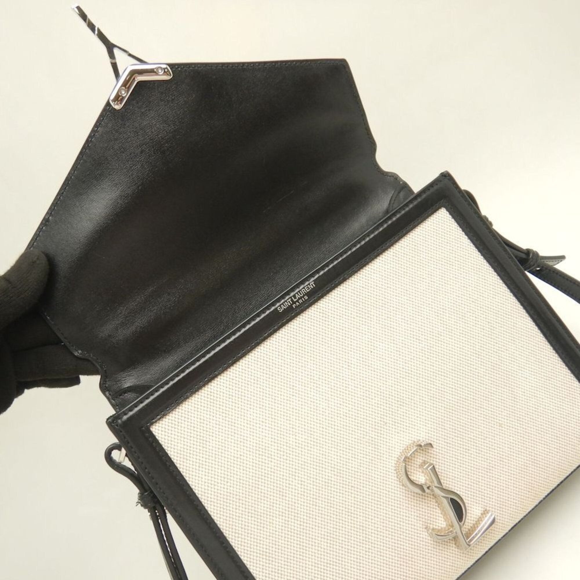 Saint Laurent Beige Black Canvas Leather Handbag (Pre-Owned)