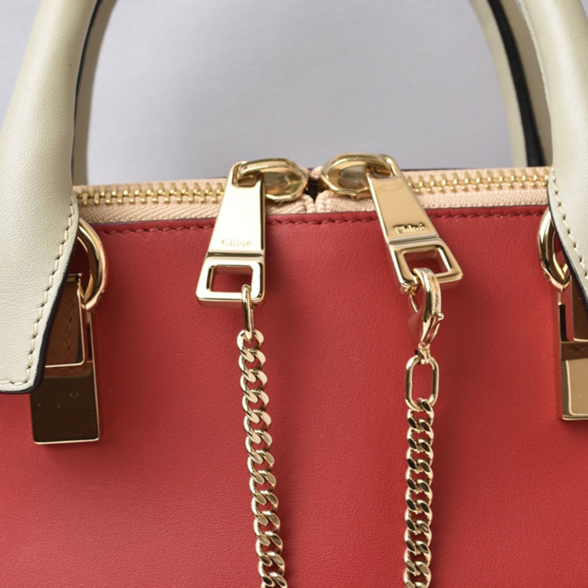 Chloé Beige Red Color Leather Handbag Tote Bag (Pre-Owned)