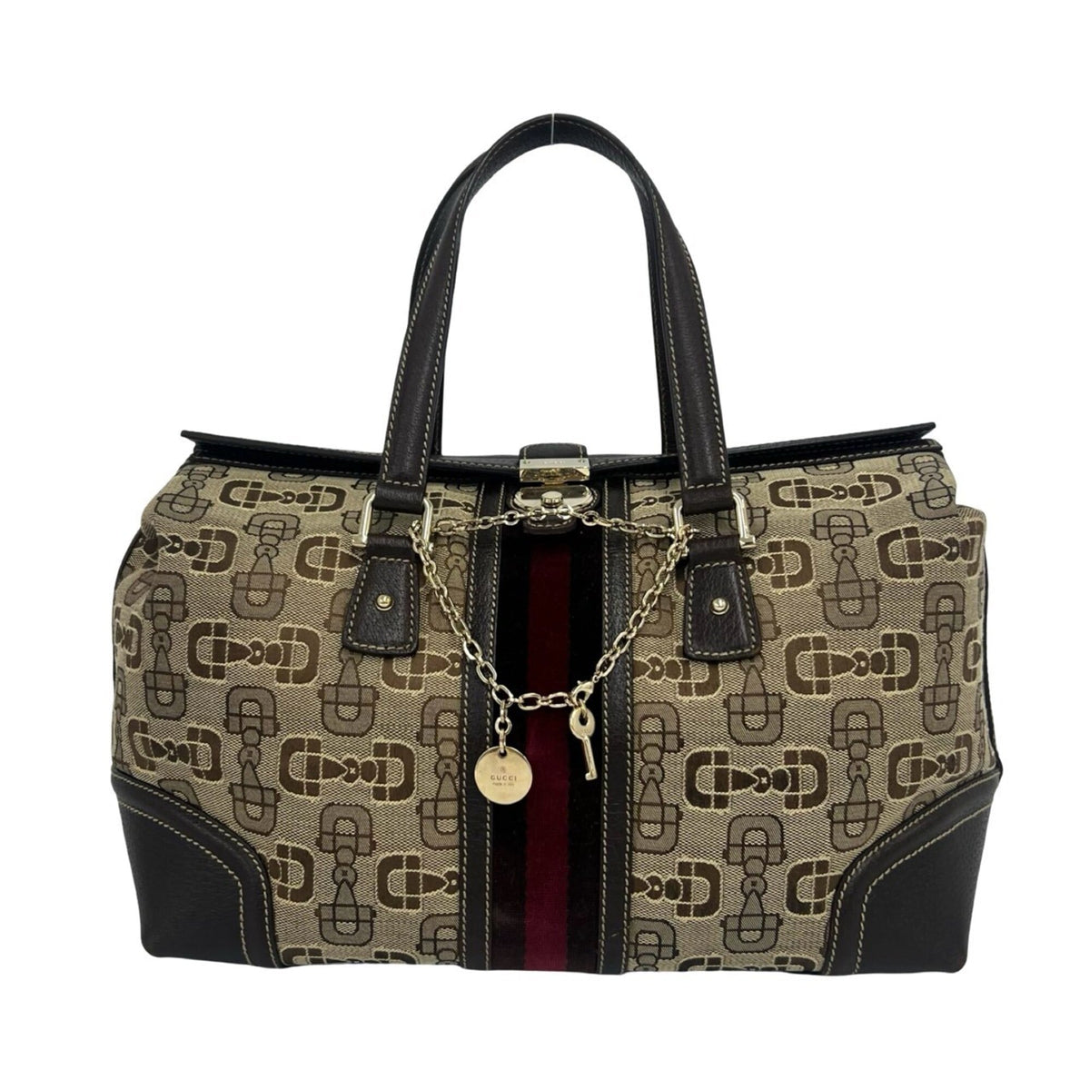 Gucci Brown Red Color Canvas Leather Handbag Tote Bag (Pre-Owned)