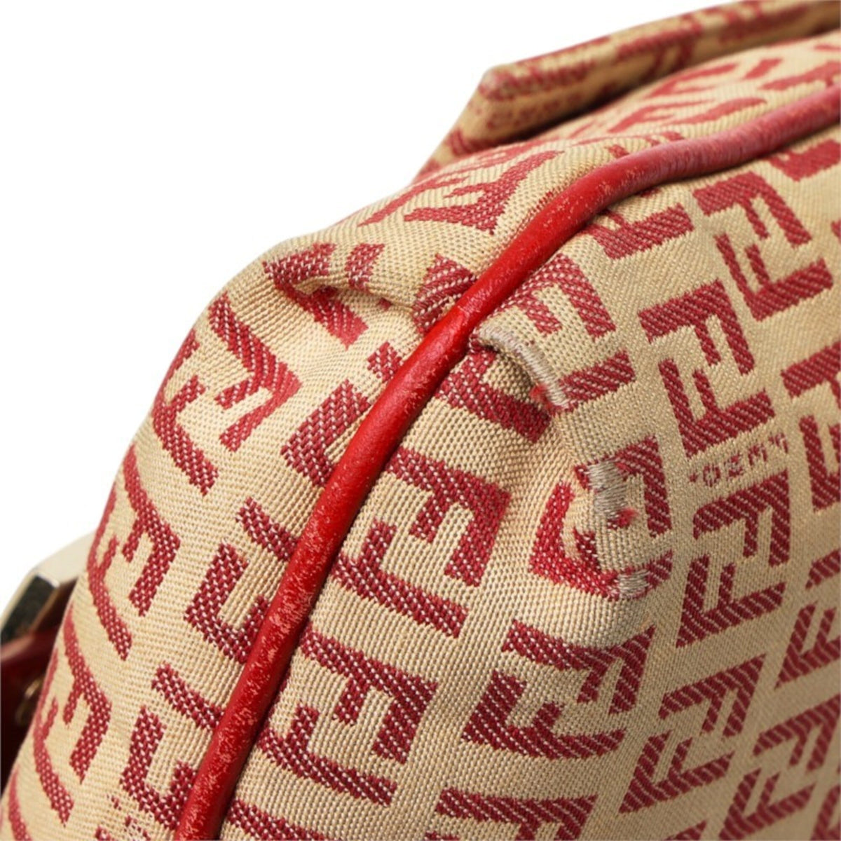 Fendi Zucchino Beige Red Color Canvas Leather Shoulder Bag (Pre-Owned)