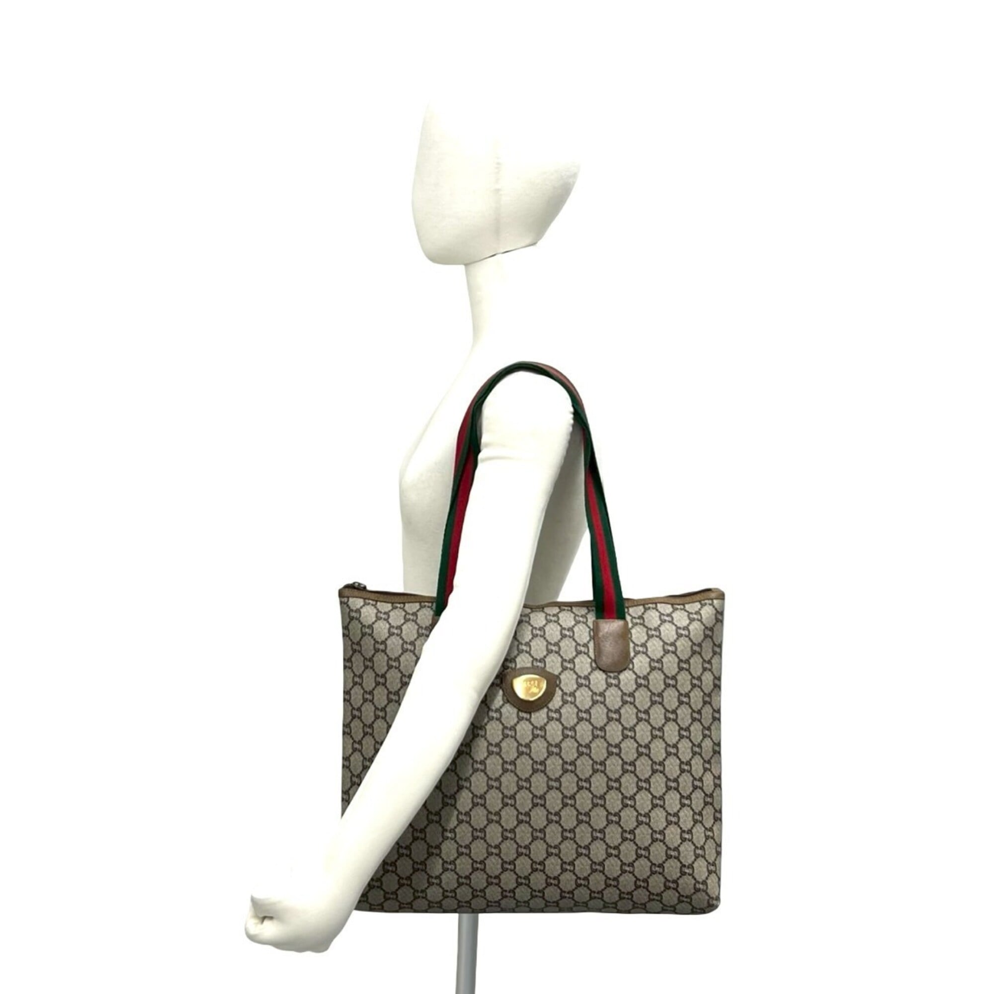 Gucci Brown Green Red Color Pvc Leather Shoulder Bag Tote Bag (Pre-Owned)