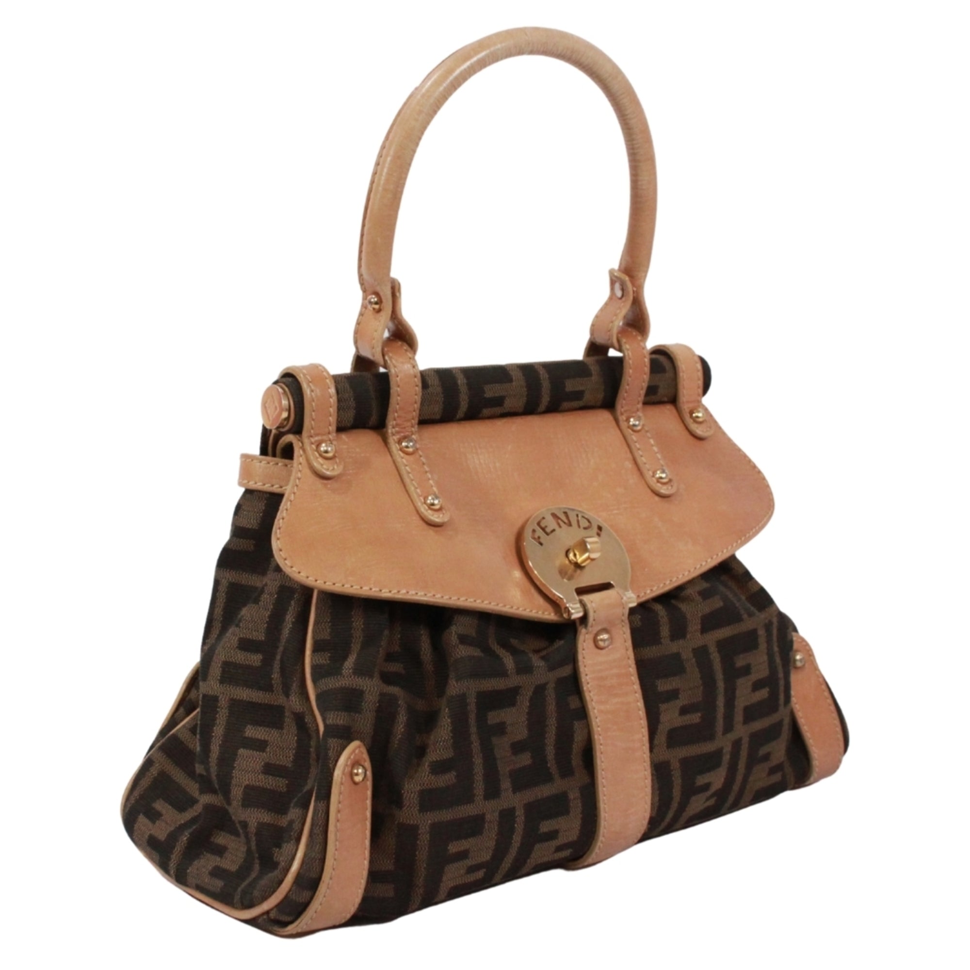 Fendi Beige Brown Canvas Leather Handbag (Pre-Owned)