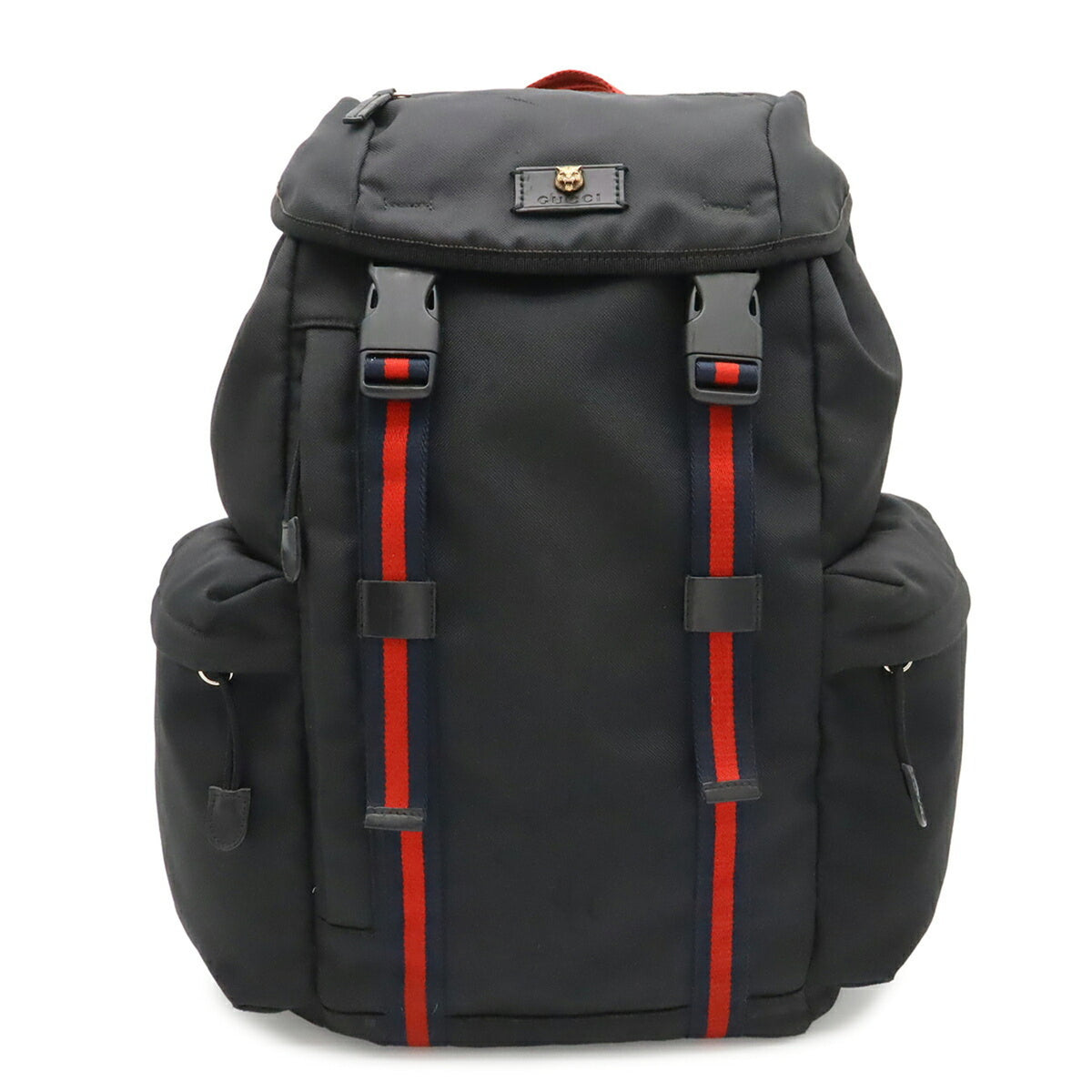 Gucci Black Green Navy Red Color Canvas Leather Backpack (Pre-Owned)
