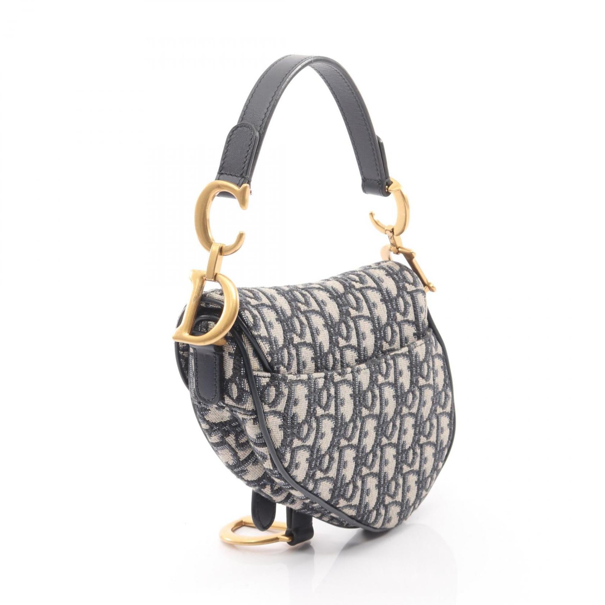 Christian Dior Beige Black Navy Canvas Leather Handbag Saddle Bag (Pre-Owned)