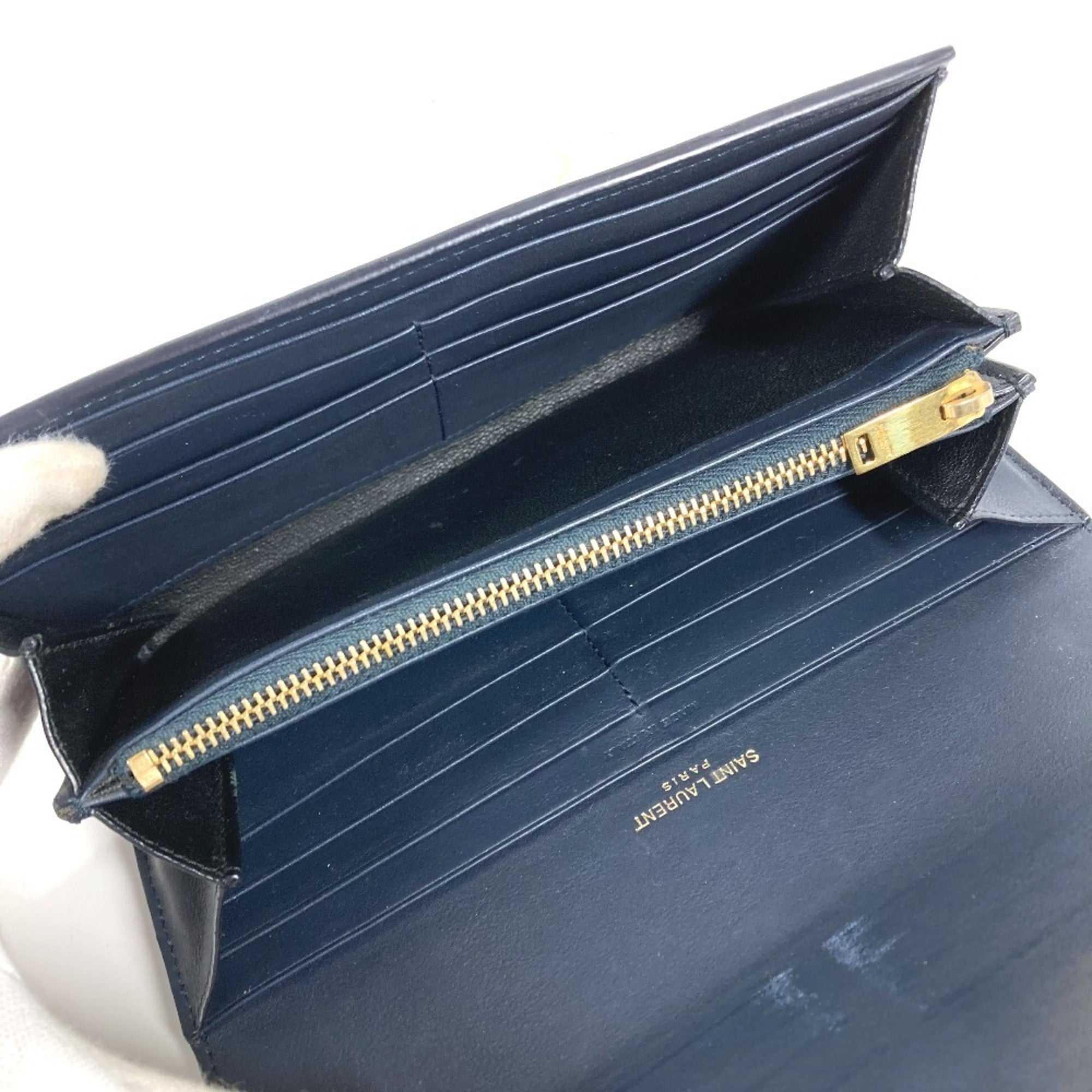 Yves Saint Laurent Navy Leather Long Wallet (Tri-Fold) (Pre-Owned)