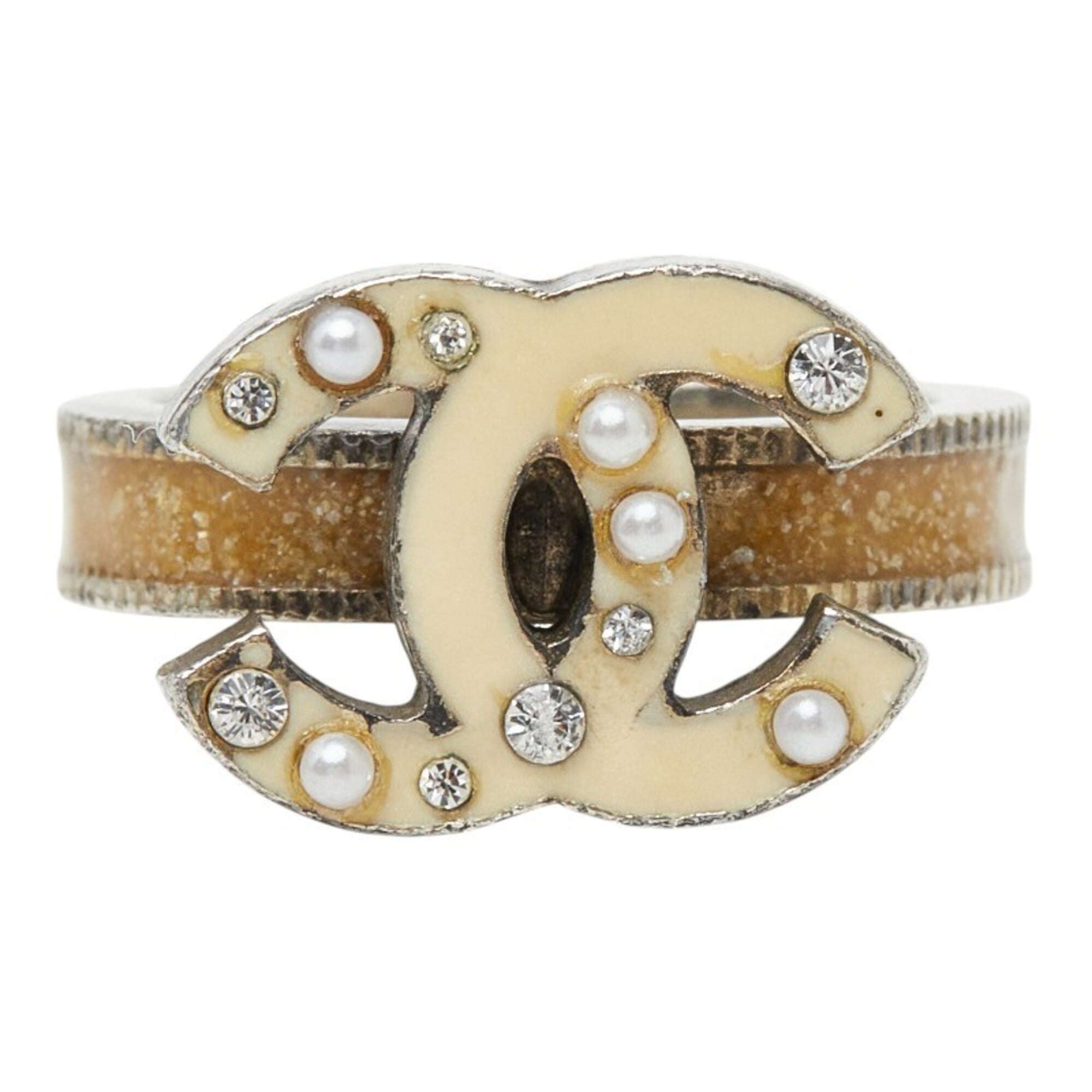 Chanel Silver White Metal Rhinestone Band Ring (Pre-Owned)
