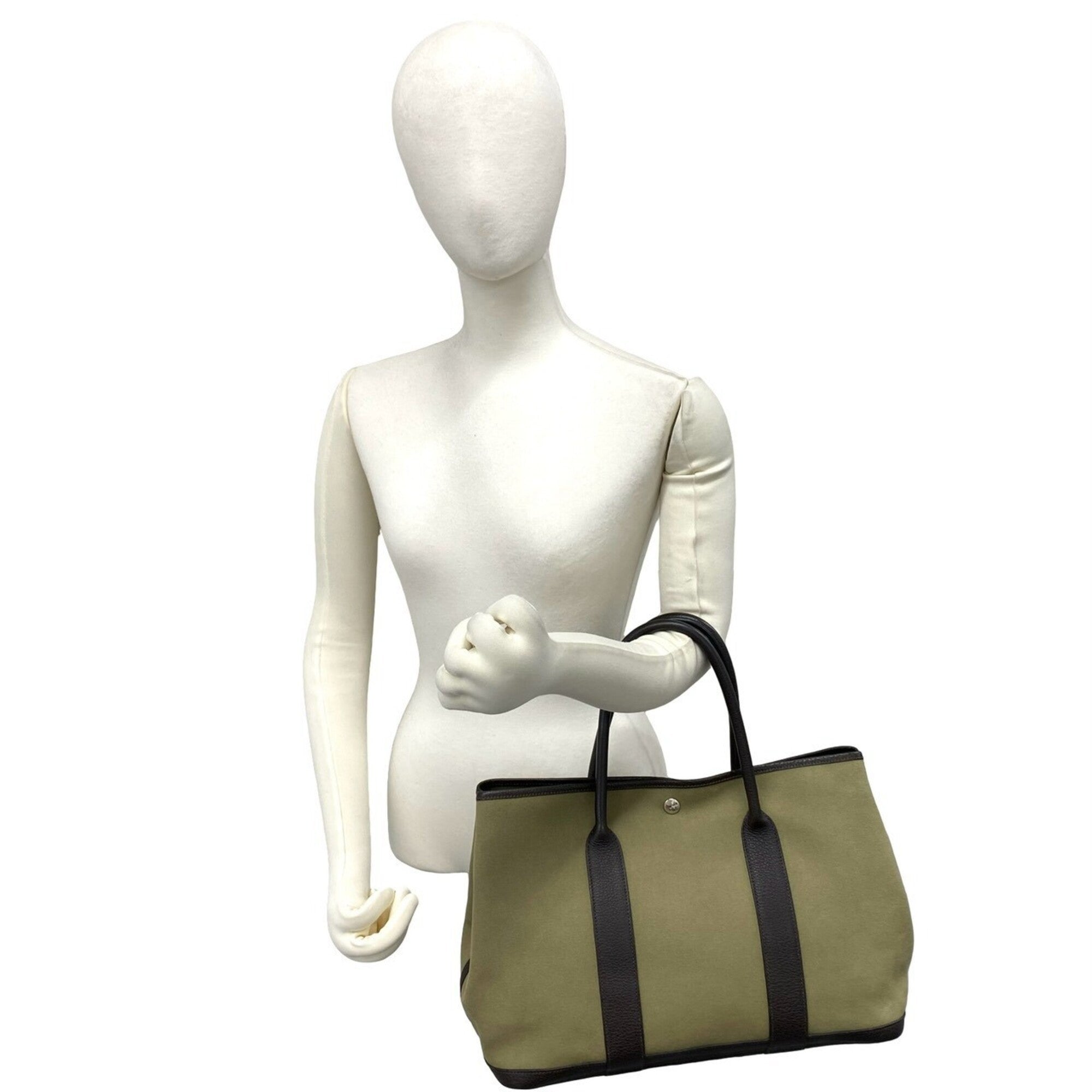 Hermes Brown Khaki Toile Officier Buffalo Leather Handbag Tote Bag (Pre-Owned)
