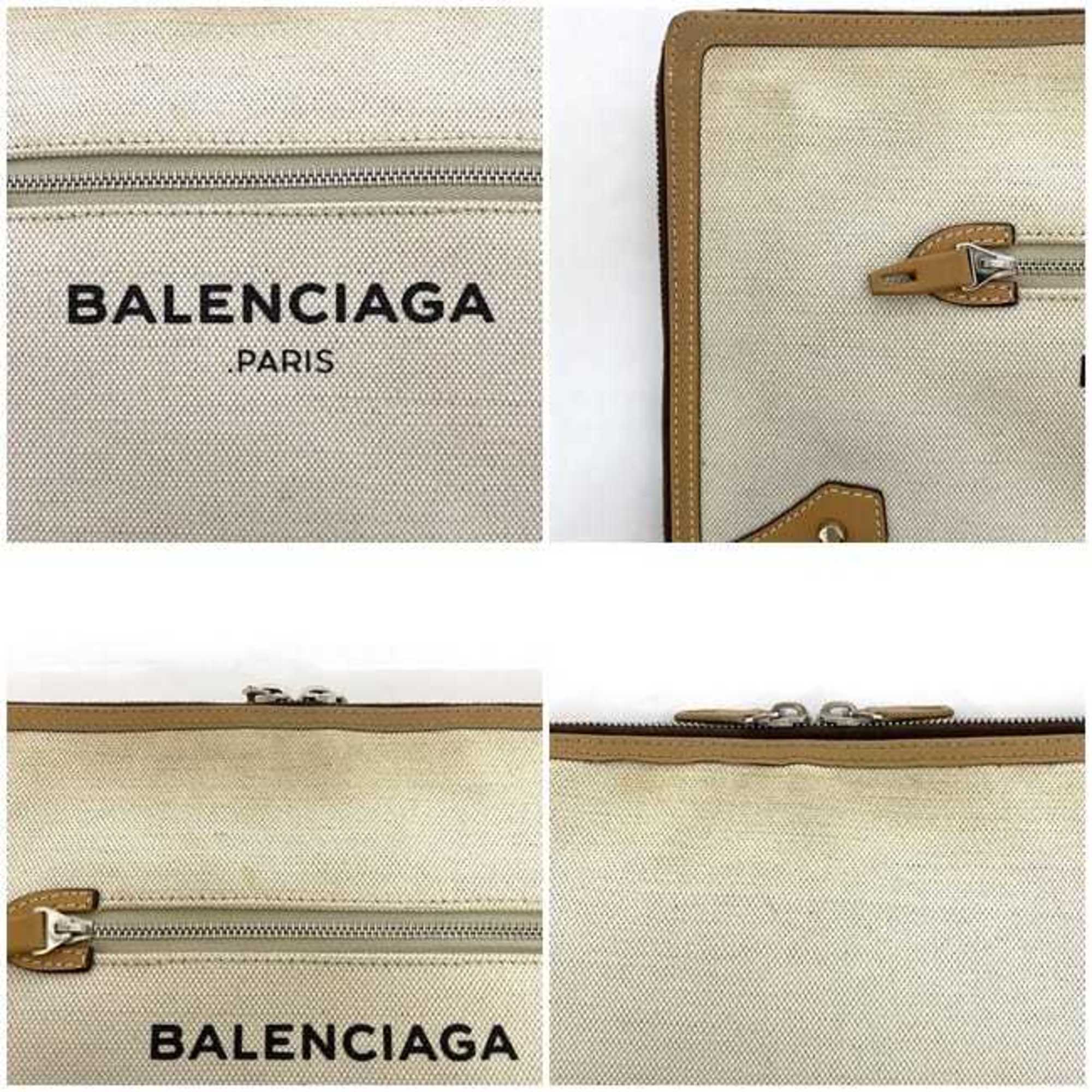 Balenciaga Beige White Canvas Leather Clutch Bag Handbag (Pre-Owned)