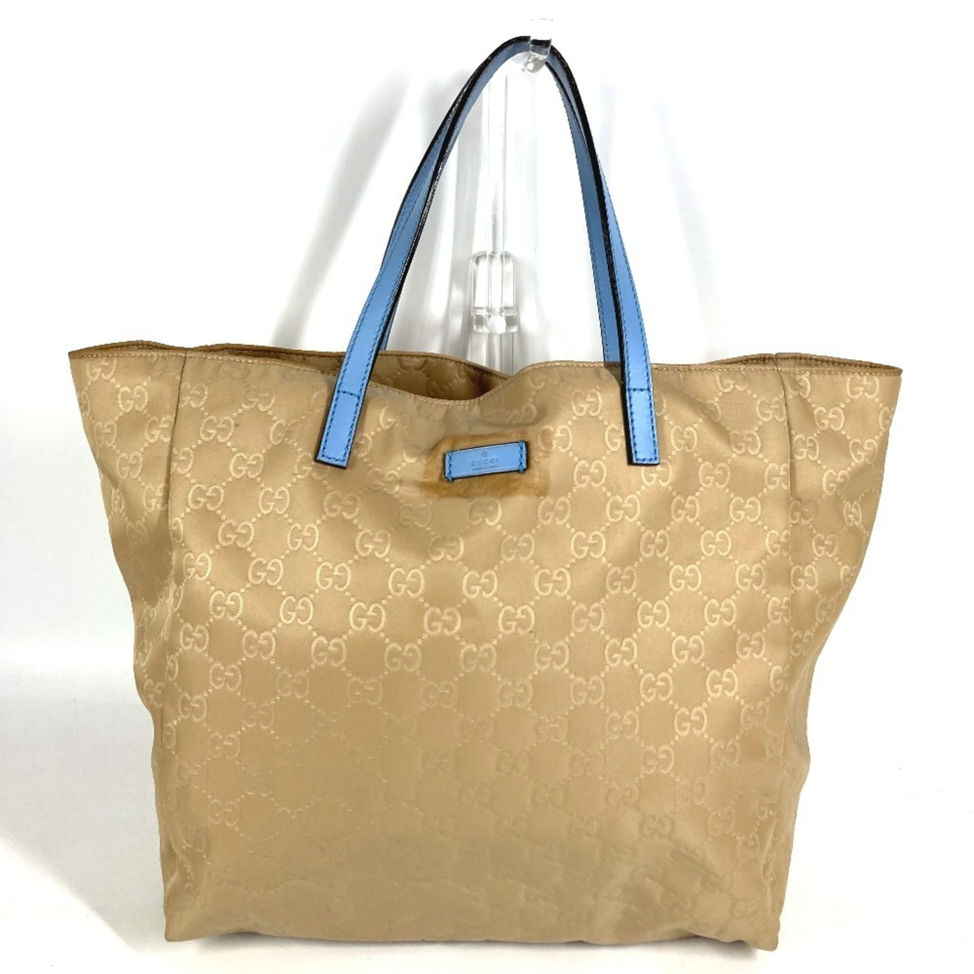 Gucci Beige Blue Leather Nylon Handbag Shoulder Bag Tote Bag (Pre-Owned)
