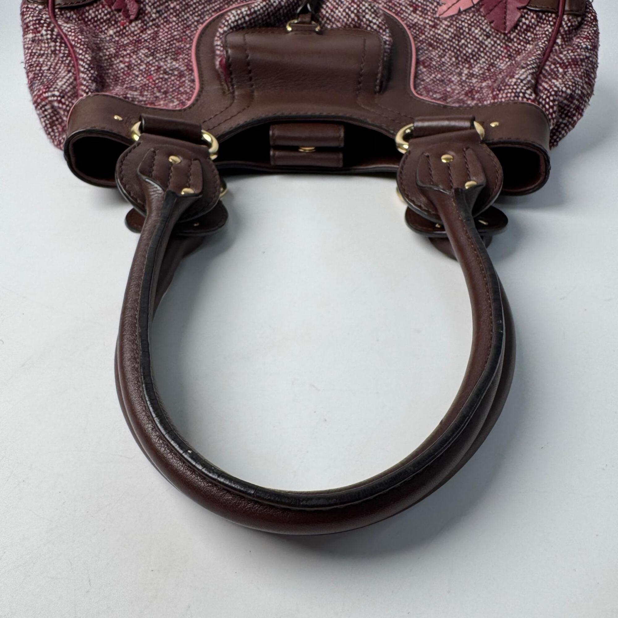 Celine Bordeaux Brown Pink Tweed Leather Handbag (Pre-Owned)