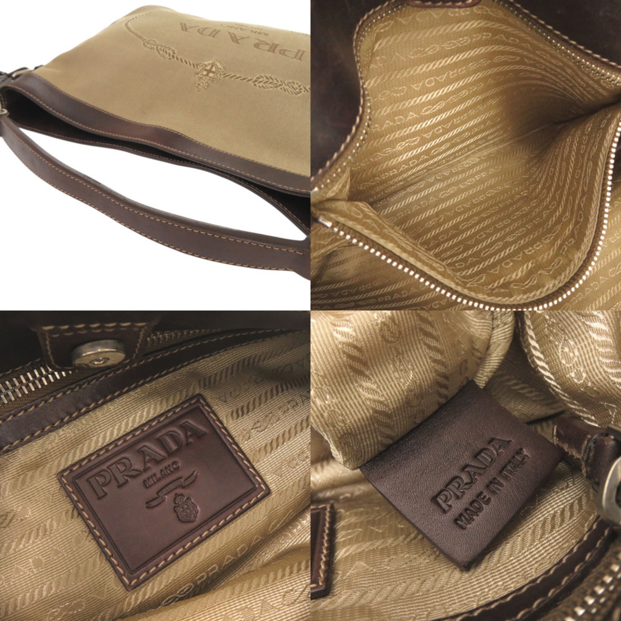 Prada Beige Brown Canvas Leather Shoulder Bag (Pre-Owned)