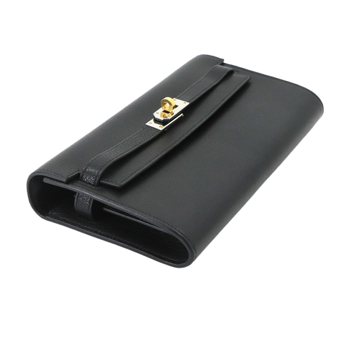 Hermes Kelly Black Chevre Leather Chain/Shoulder Wallet (Pre-Owned)