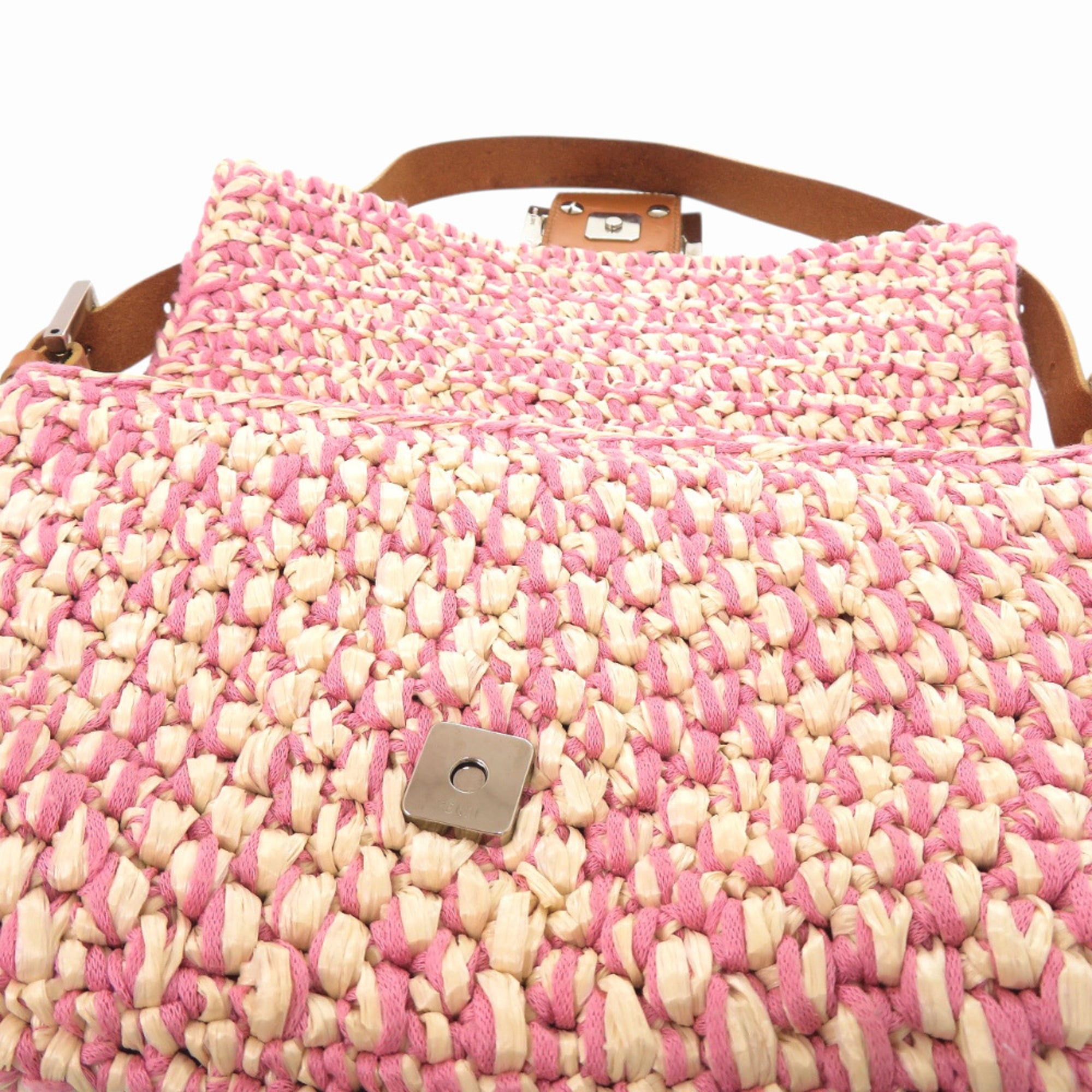 Fendi Brown Ivory Pink Straw Cotton Leather Handbag Shoulder Bag (Pre-Owned)