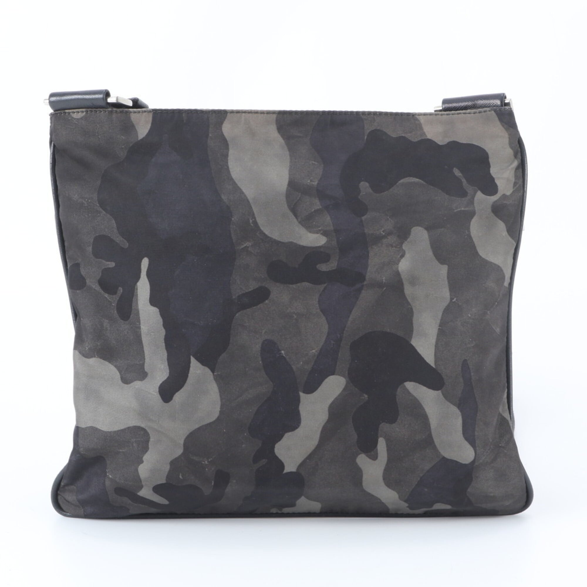 Prada Saffiano Black Gray Nylon Leather Shoulder Bag (Pre-Owned)