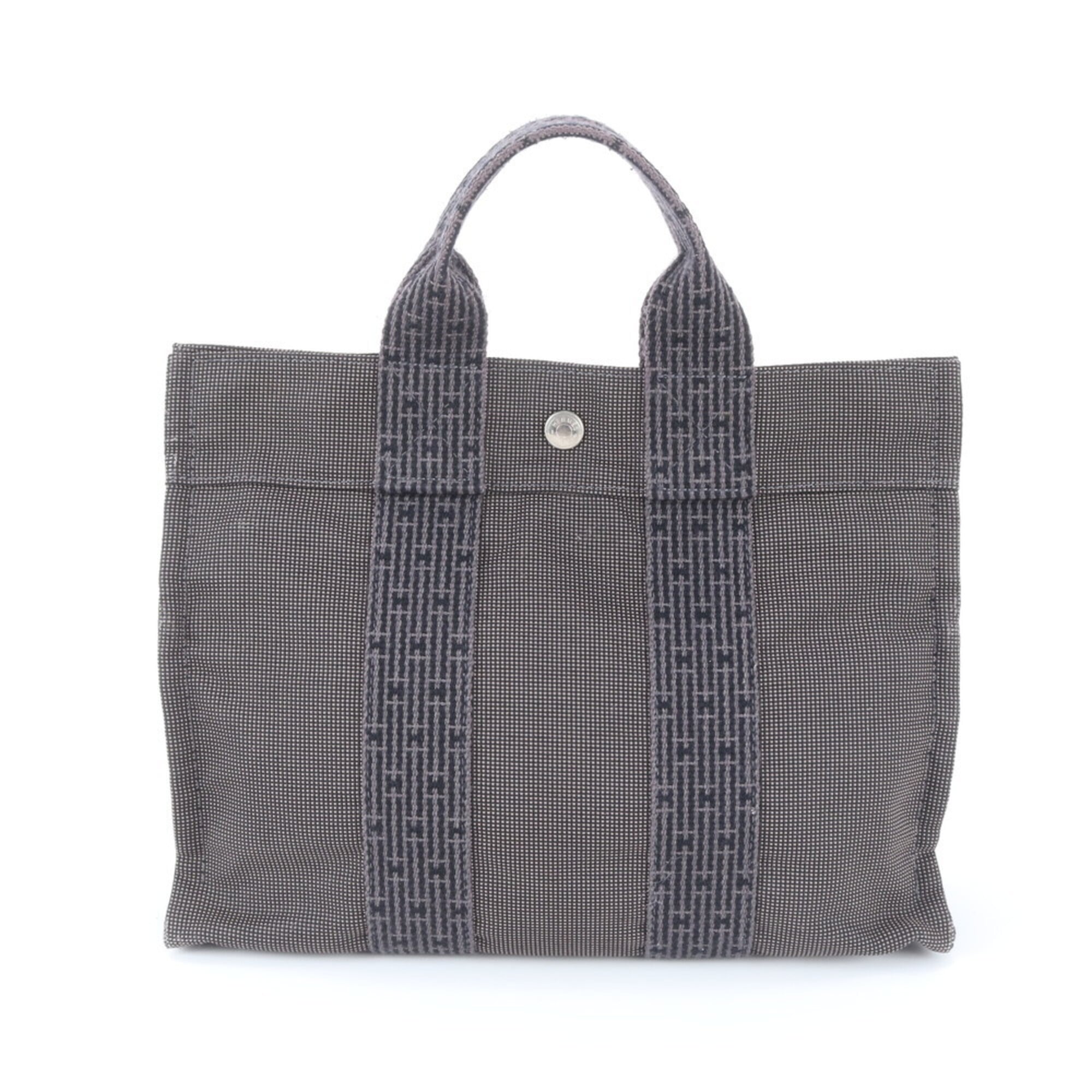 Hermes Black Gray Leather Canvas Handbag Tote Bag (Pre-Owned)