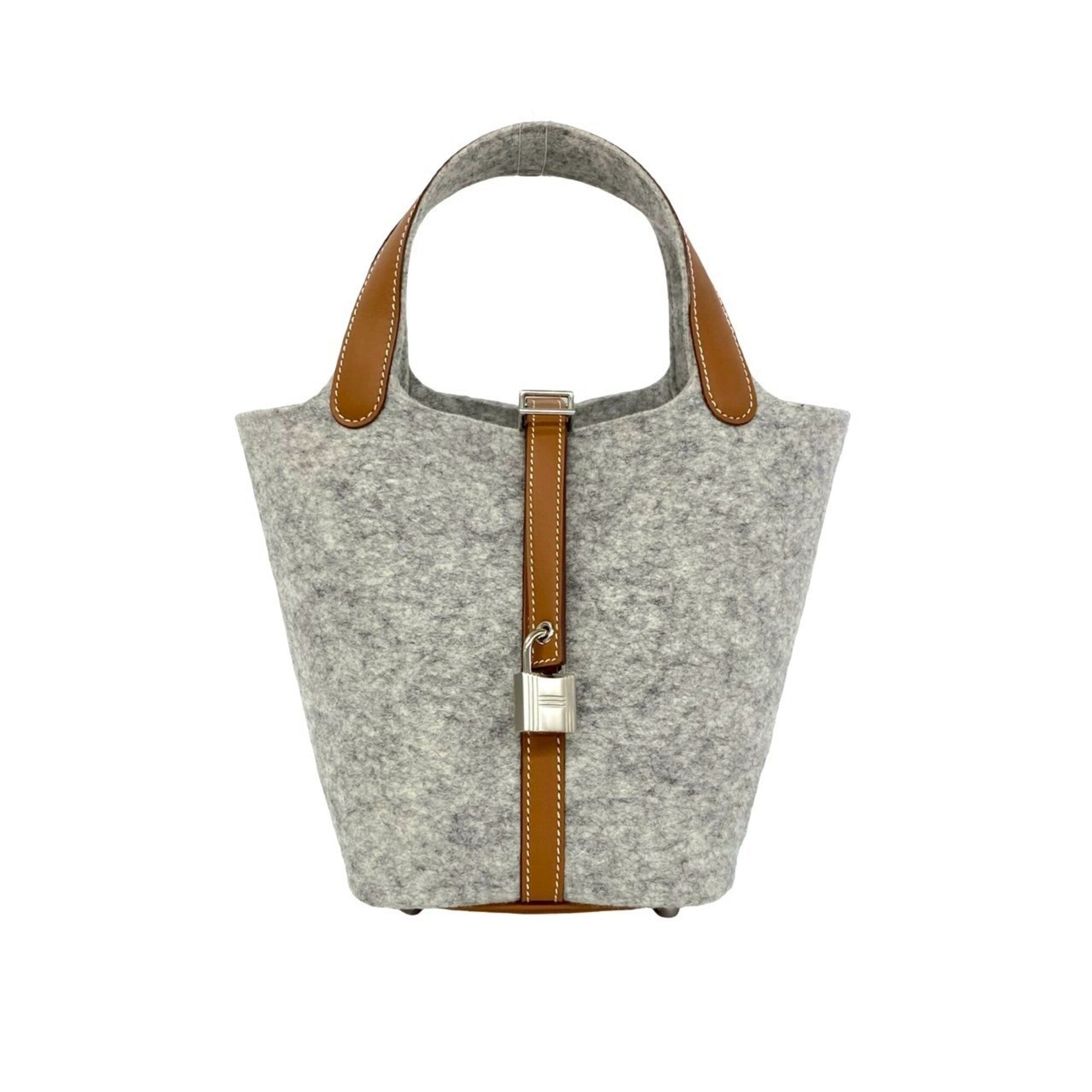 Hermes Brown Gray Felt Swift Leather Handbag (Pre-Owned)