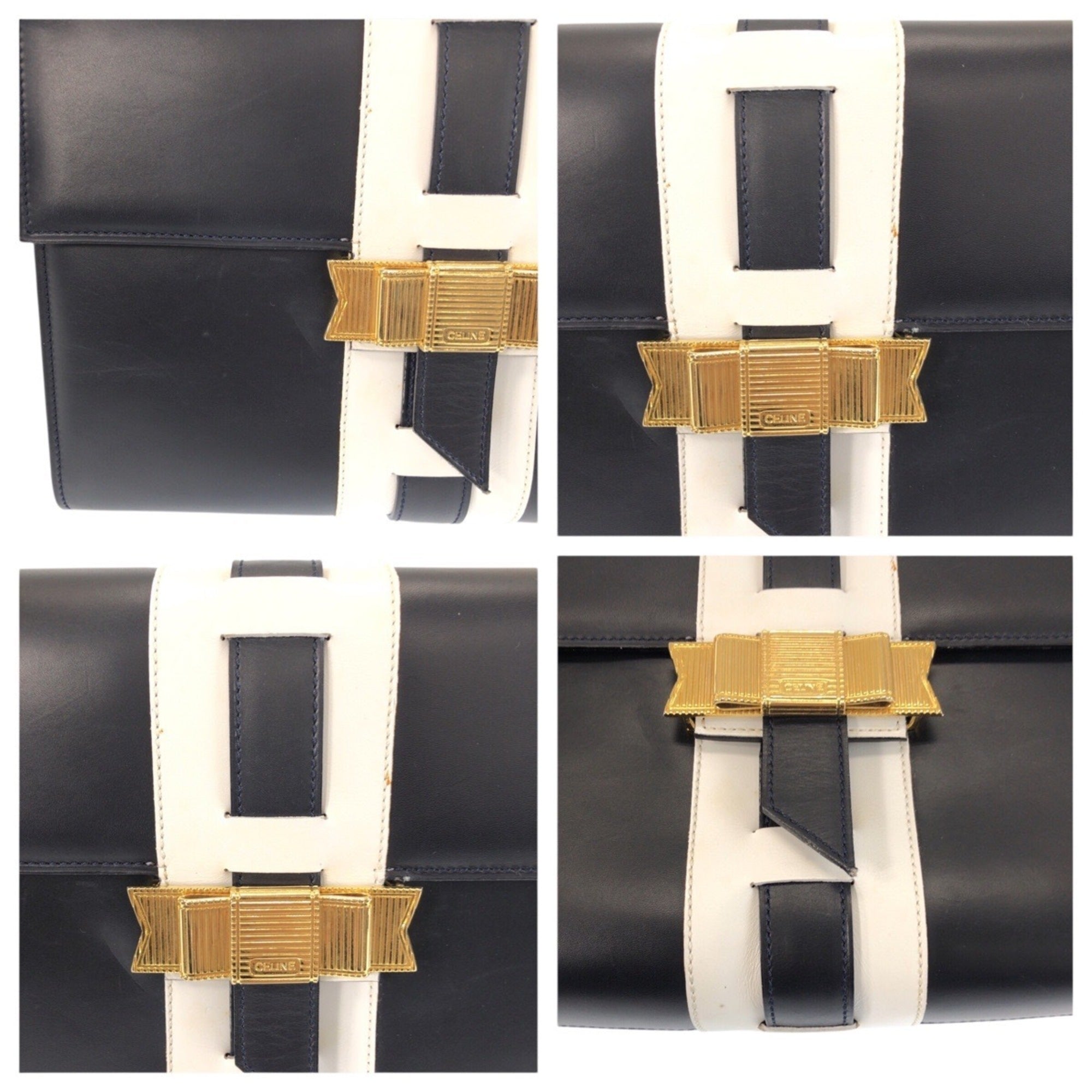 Celine Navy White Leather Pochette Shoulder Bag (Pre-Owned)