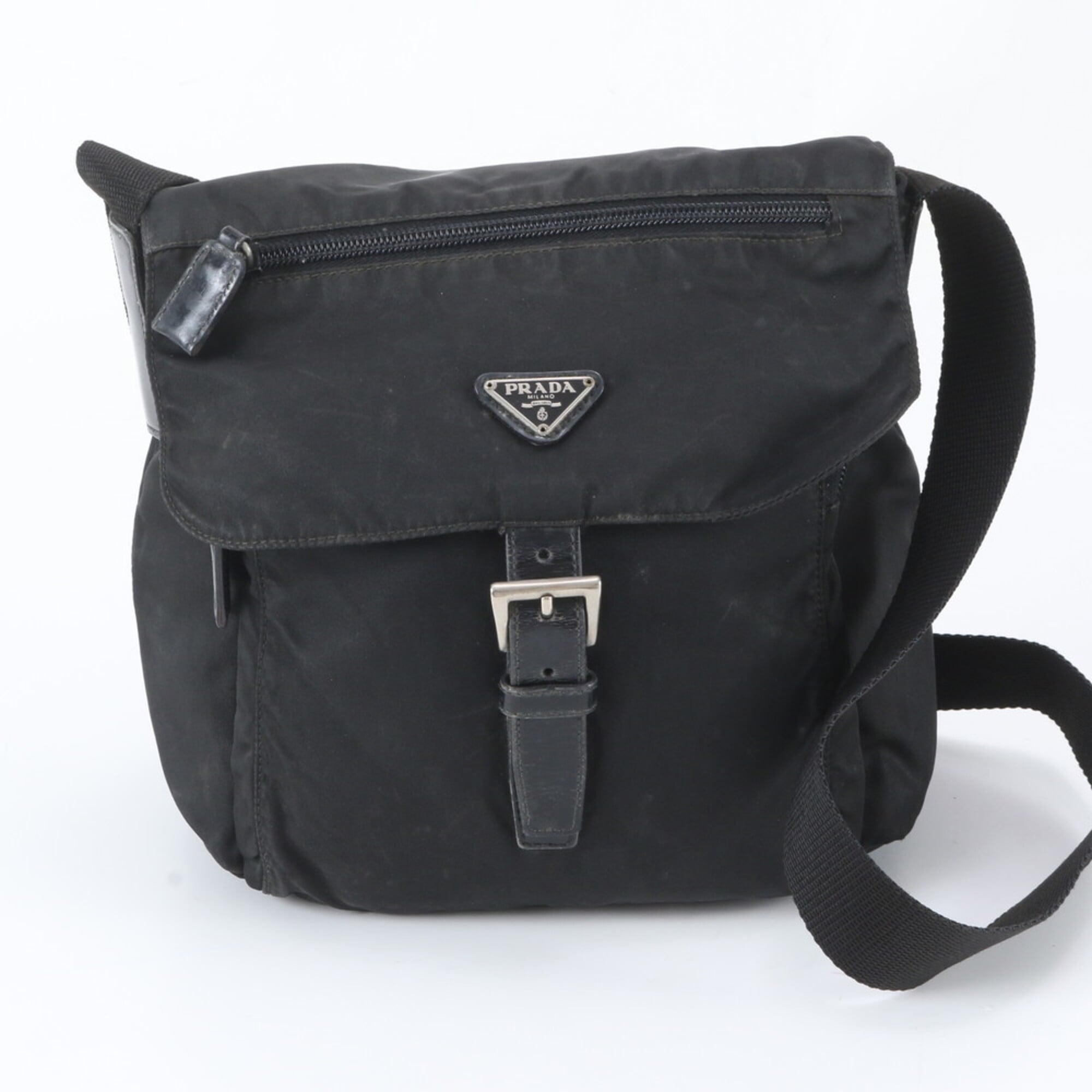 Prada Black Nylon Leather Messenger Bag Shoulder Bag (Pre-Owned)