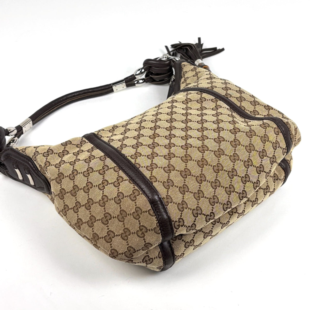 Gucci Brown Leather Gg Canvas Shoulder Bag (Pre-Owned)