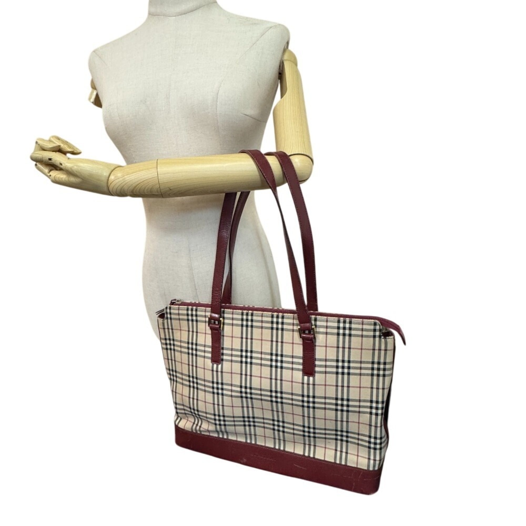 Burberry Beige Bordeaux Canvas Leather Shoulder Bag Tote Bag (Pre-Owned)