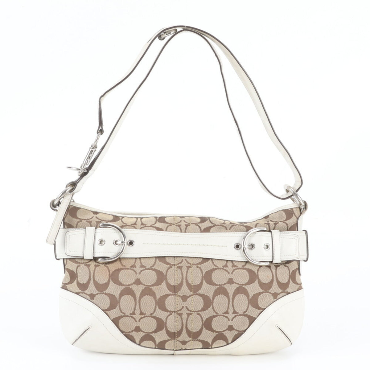 Coach Beige White Leather Canvas Handbag Shoulder Bag Tote Bag (Pre-Owned)