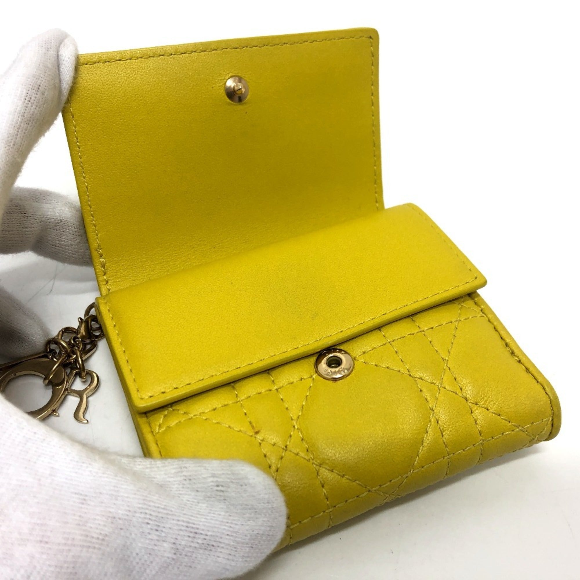 Christian Dior Lady Dior Yellow Leather Wallet (Tri-Fold) (Pre-Owned)