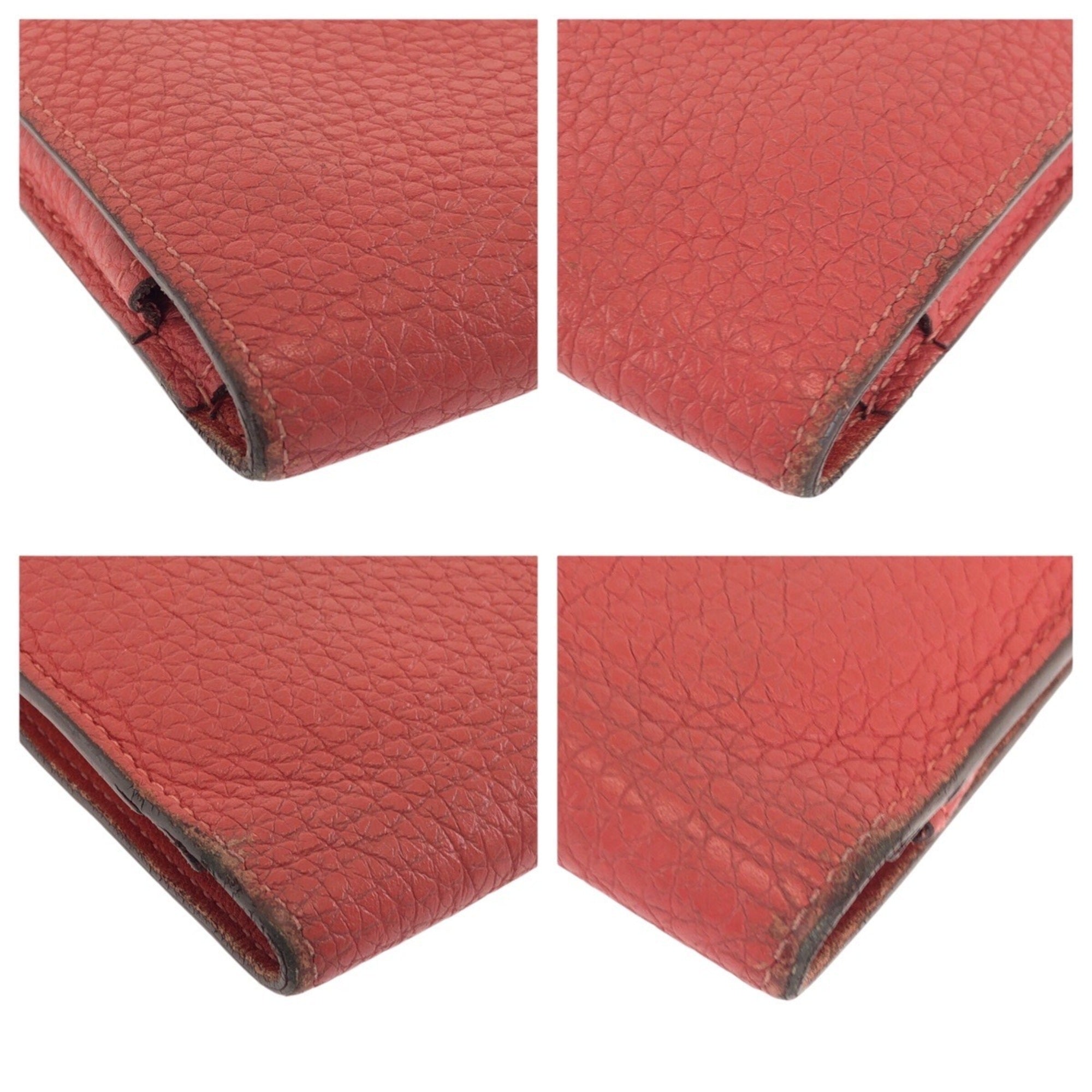 Hermes Red Color Togo Leather Long Wallet (Bi-Fold) (Pre-Owned)