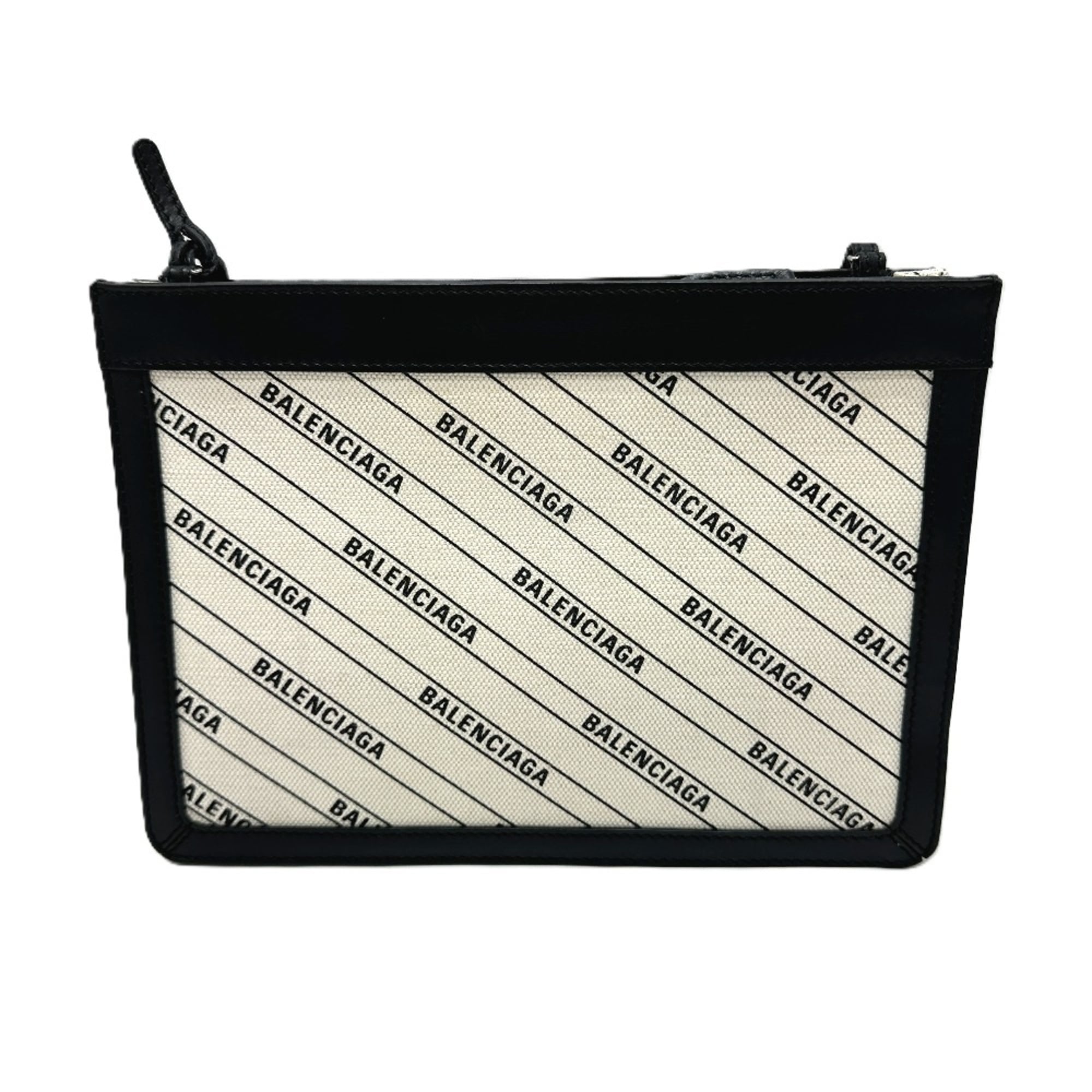 Balenciaga Black White Leather Canvas Pochette Shoulder Bag (Pre-Owned)