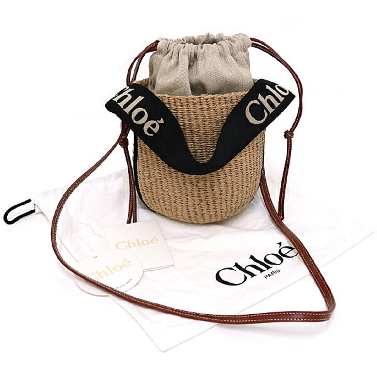 Chloé Beige Black Leather Linen Paper Polyester Basket Shoulder Bag (Pre-Owned)