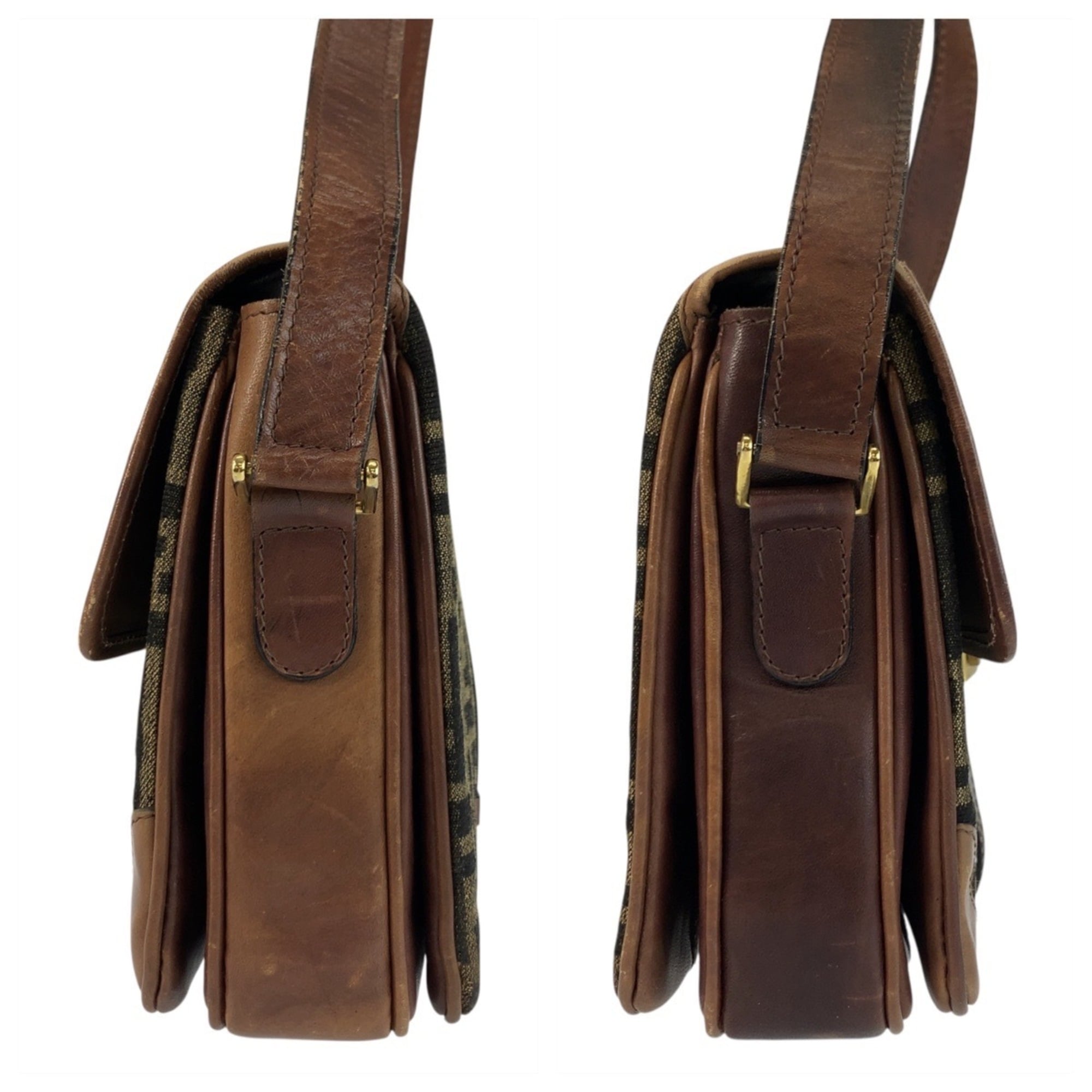 Fendi Brown Leather Canvas Pochette Shoulder Bag (Pre-Owned)