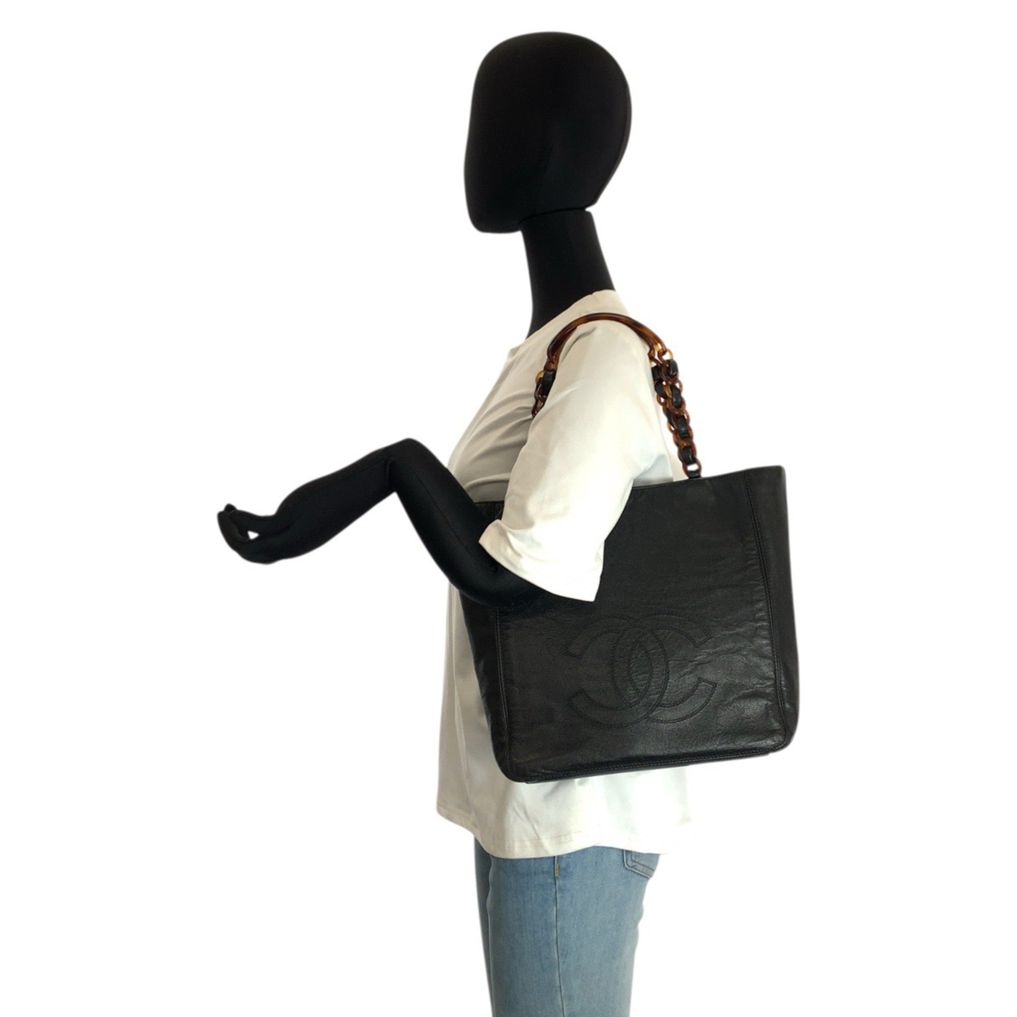 Chanel Black Marble Leather Shoulder Bag Tote Bag (Pre-Owned)