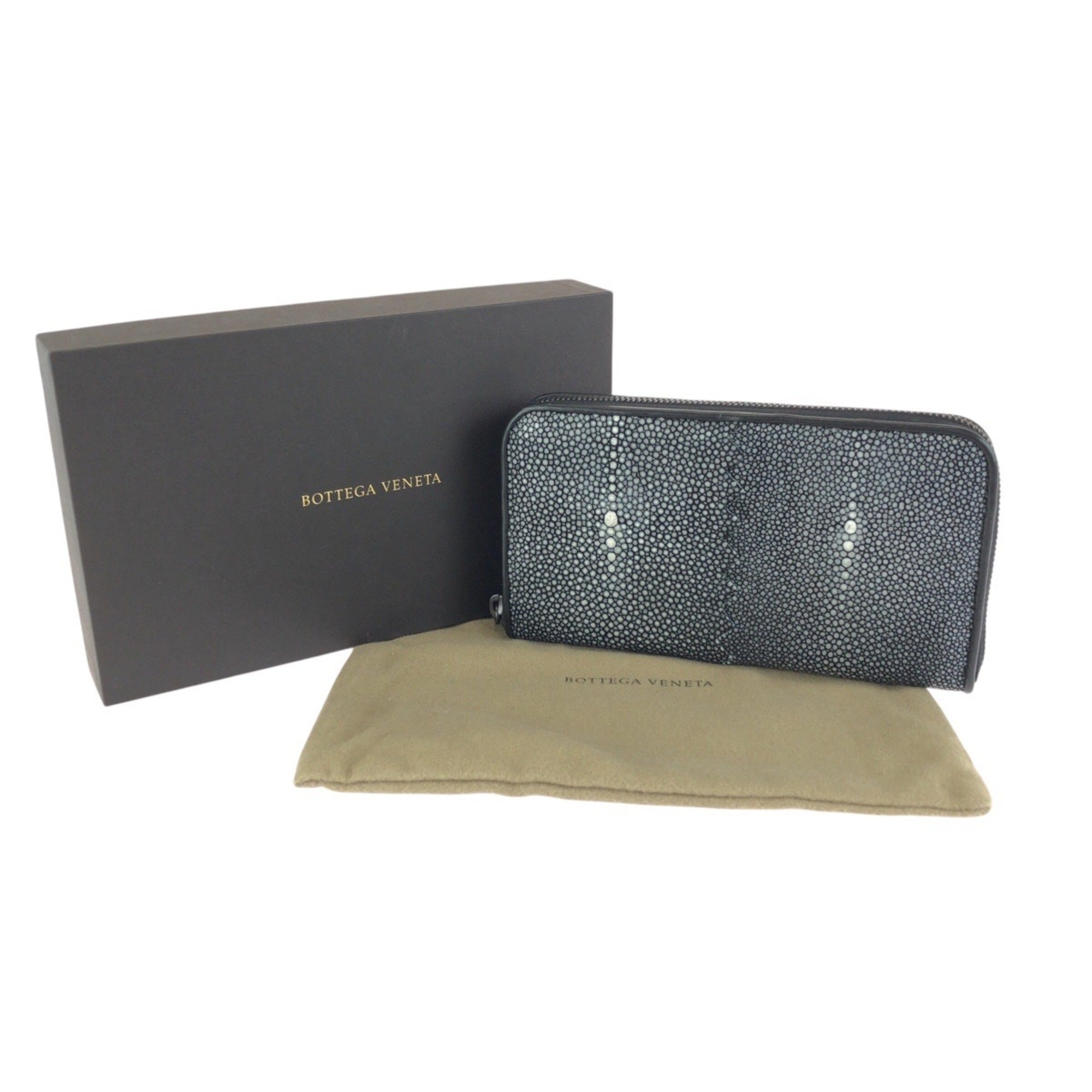 Bottega Veneta Black Gray Leather Long Wallet (Bi-Fold) (Pre-Owned)