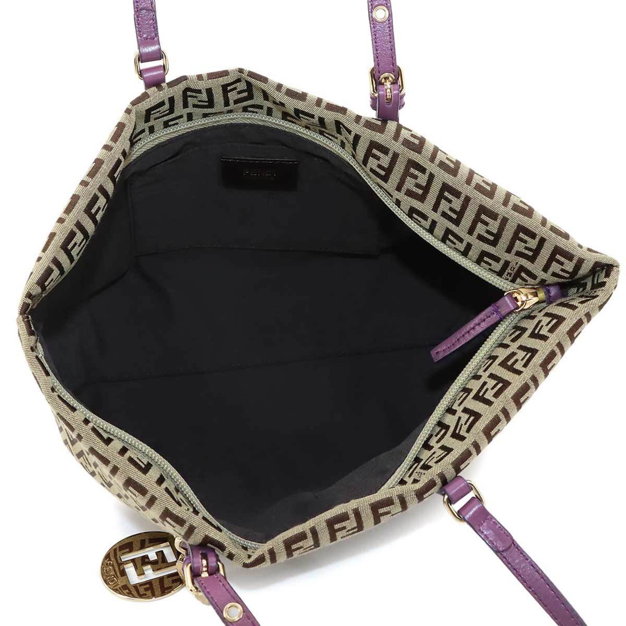 Fendi Beige Purple Canvas Leather Handbag Tote Bag (Pre-Owned)