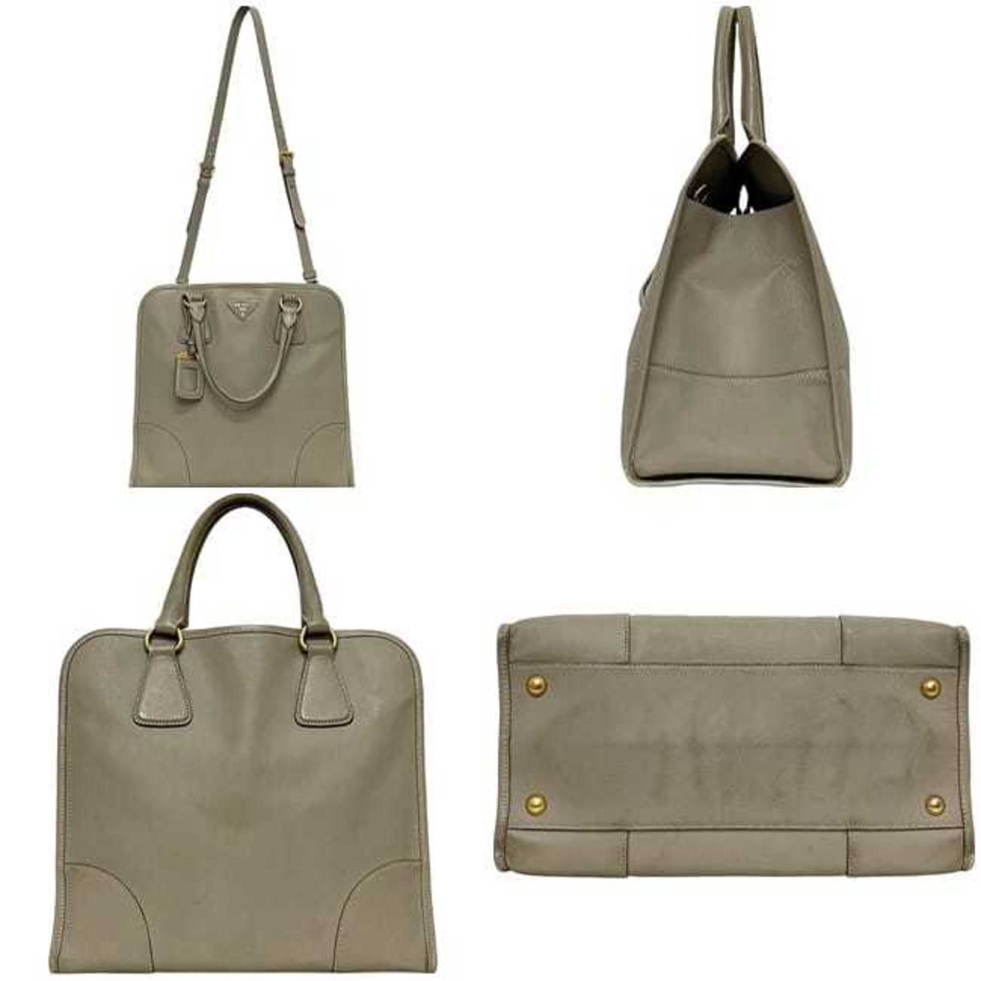 Prada Saffiano Beige Leather Handbag Shoulder Bag (Pre-Owned)