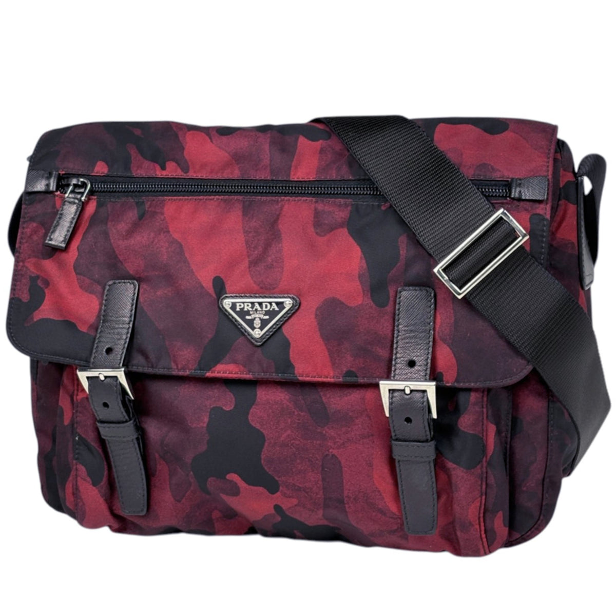 Prada Black Red Color Nylon Leather Shoulder Bag (Pre-Owned)