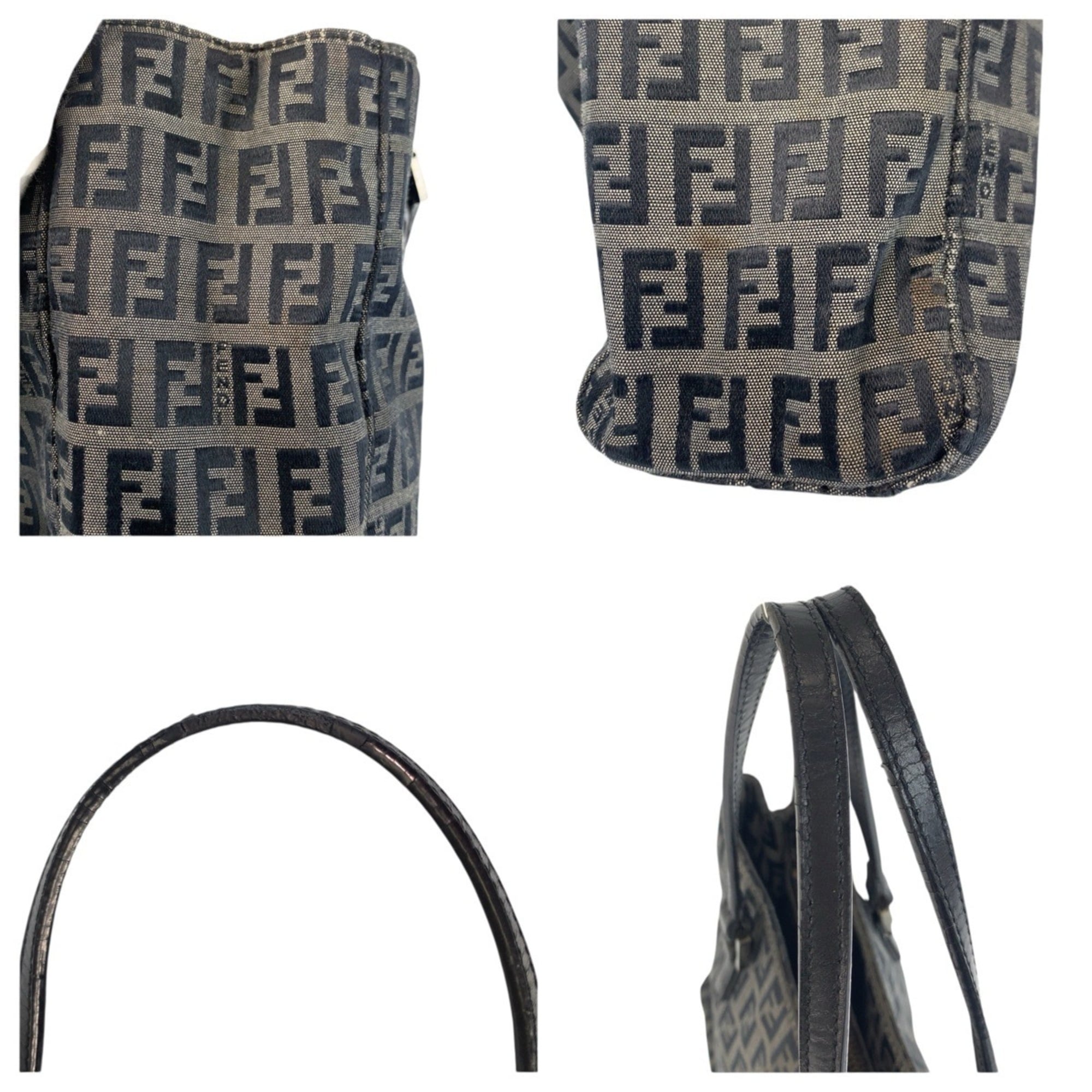 Fendi Black Gray Canvas Leather Shoulder Bag Tote Bag (Pre-Owned)