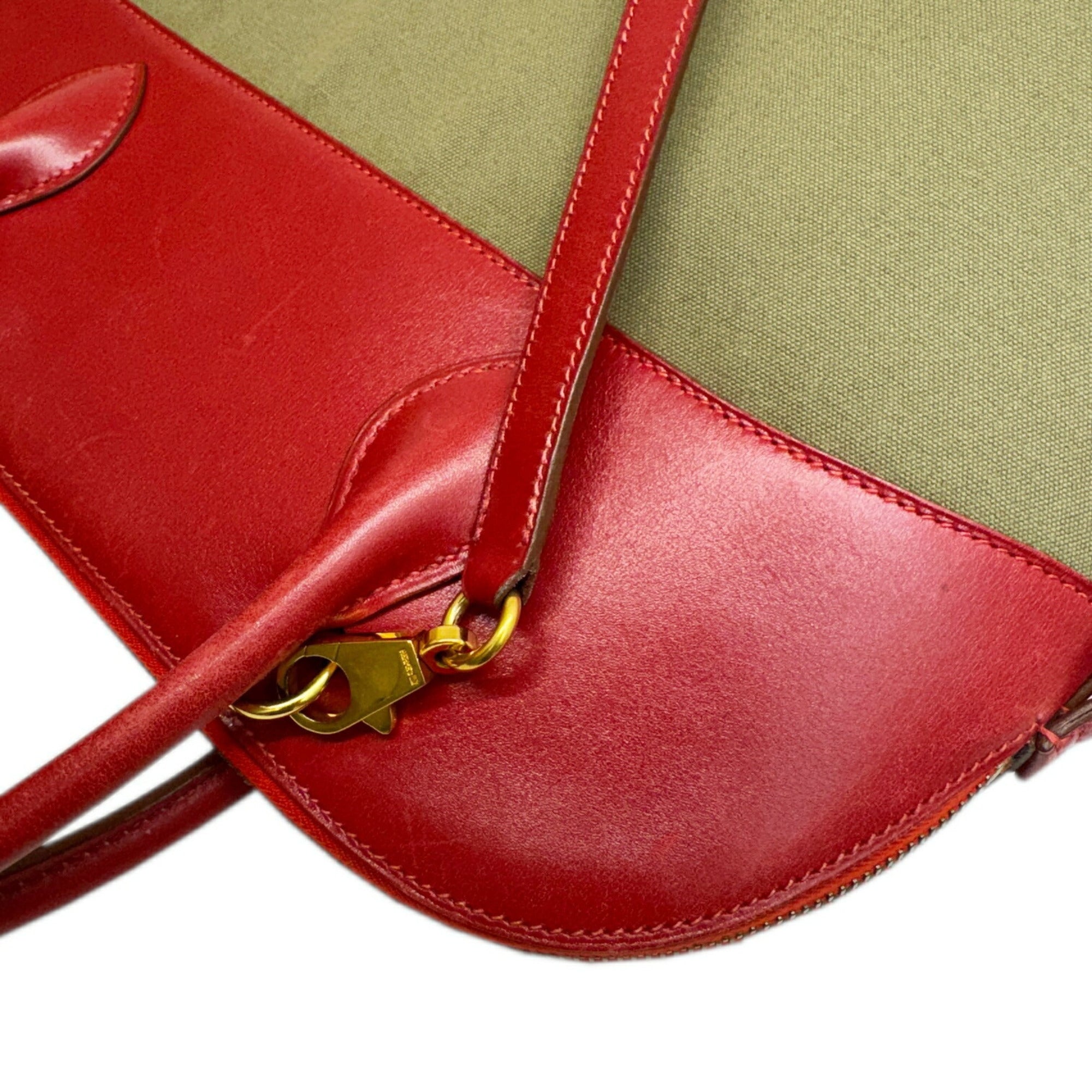 Hermes Khaki Rouge Garance Toile Officier Box Calf Leather Handbag Shoulder Bag (Pre-Owned)