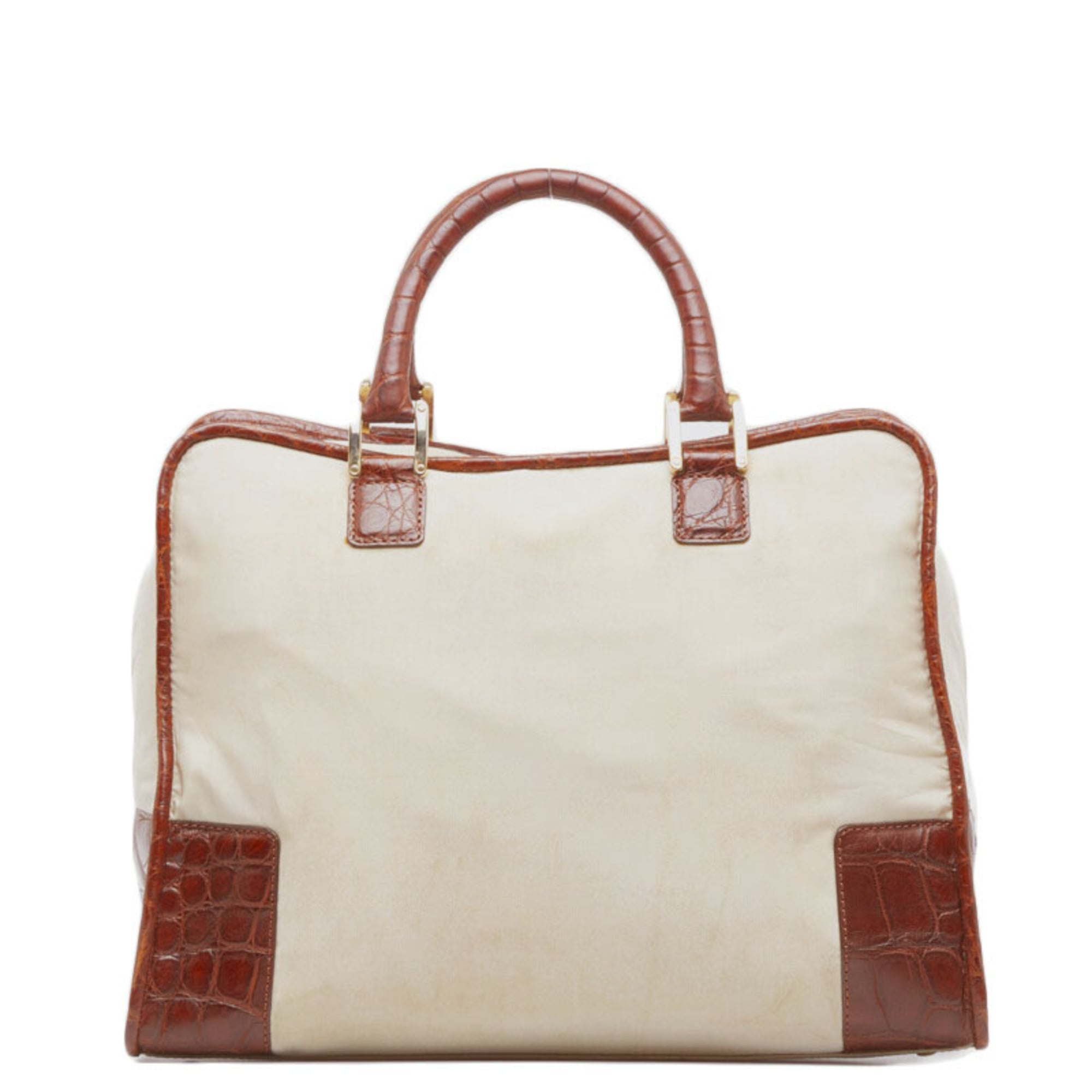 Loewe Beige Brown Nylon Leather Boston Bag Handbag (Pre-Owned)