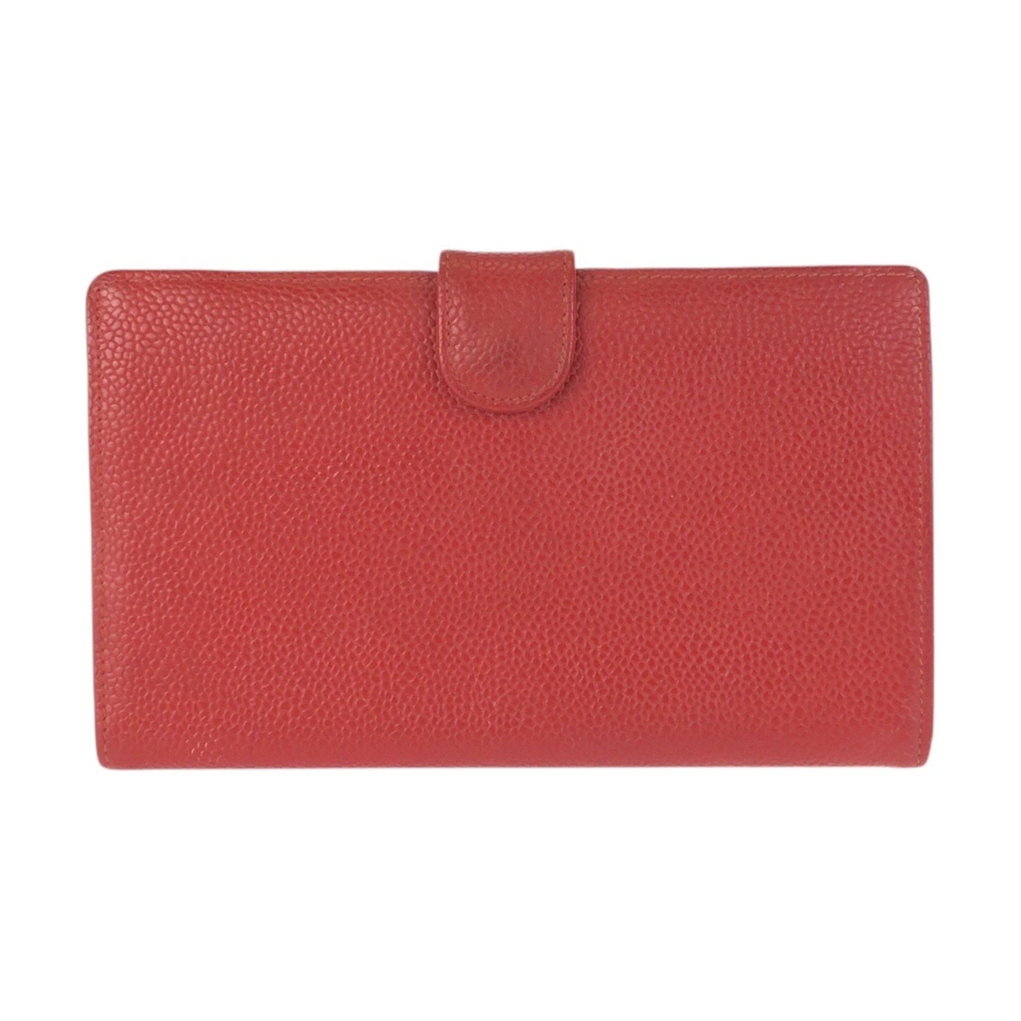 Chanel Red Color Grained Calfskin Middle Wallet (Bi-Fold) (Pre-Owned)