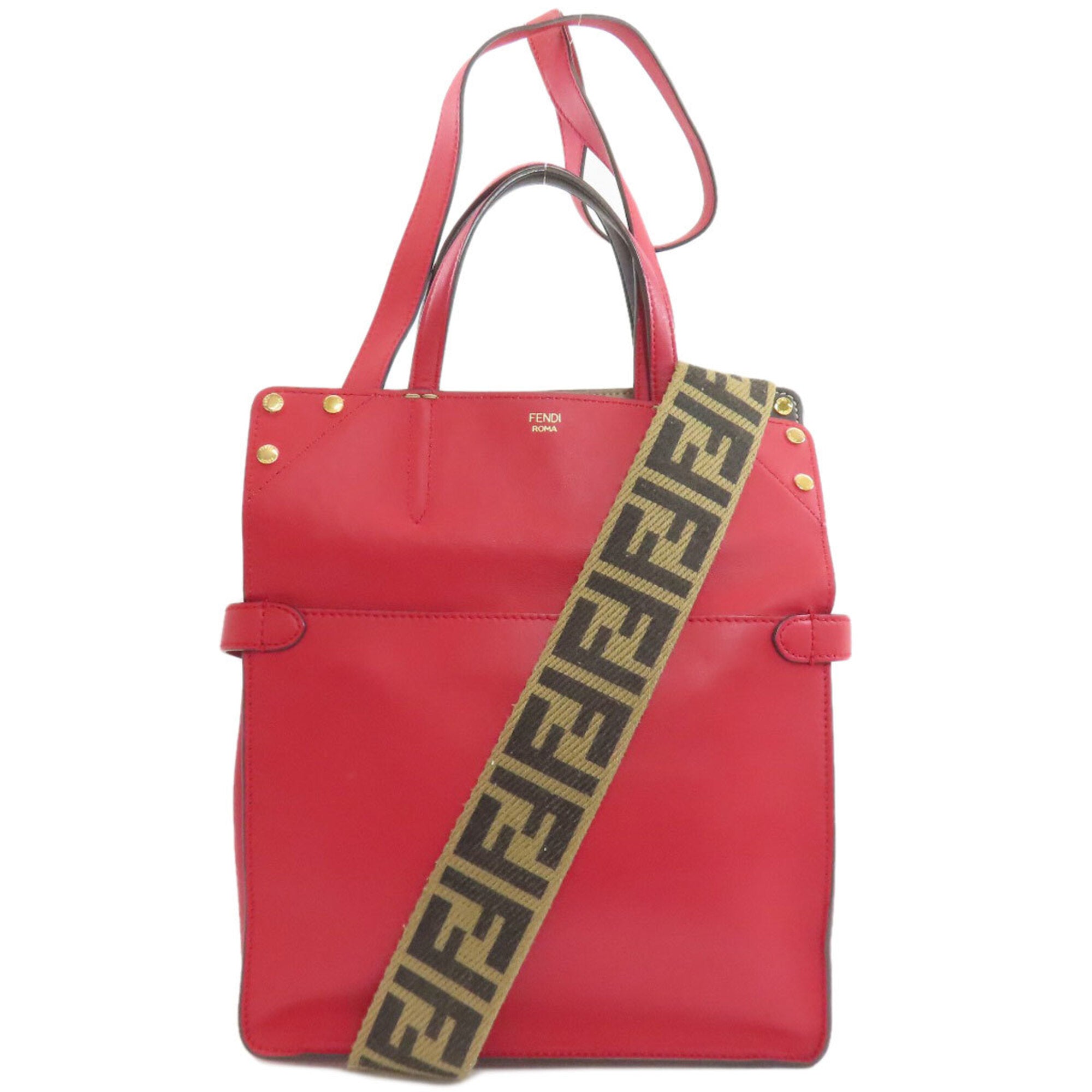 Fendi Beige Red Color Leather Handbag (Pre-Owned)