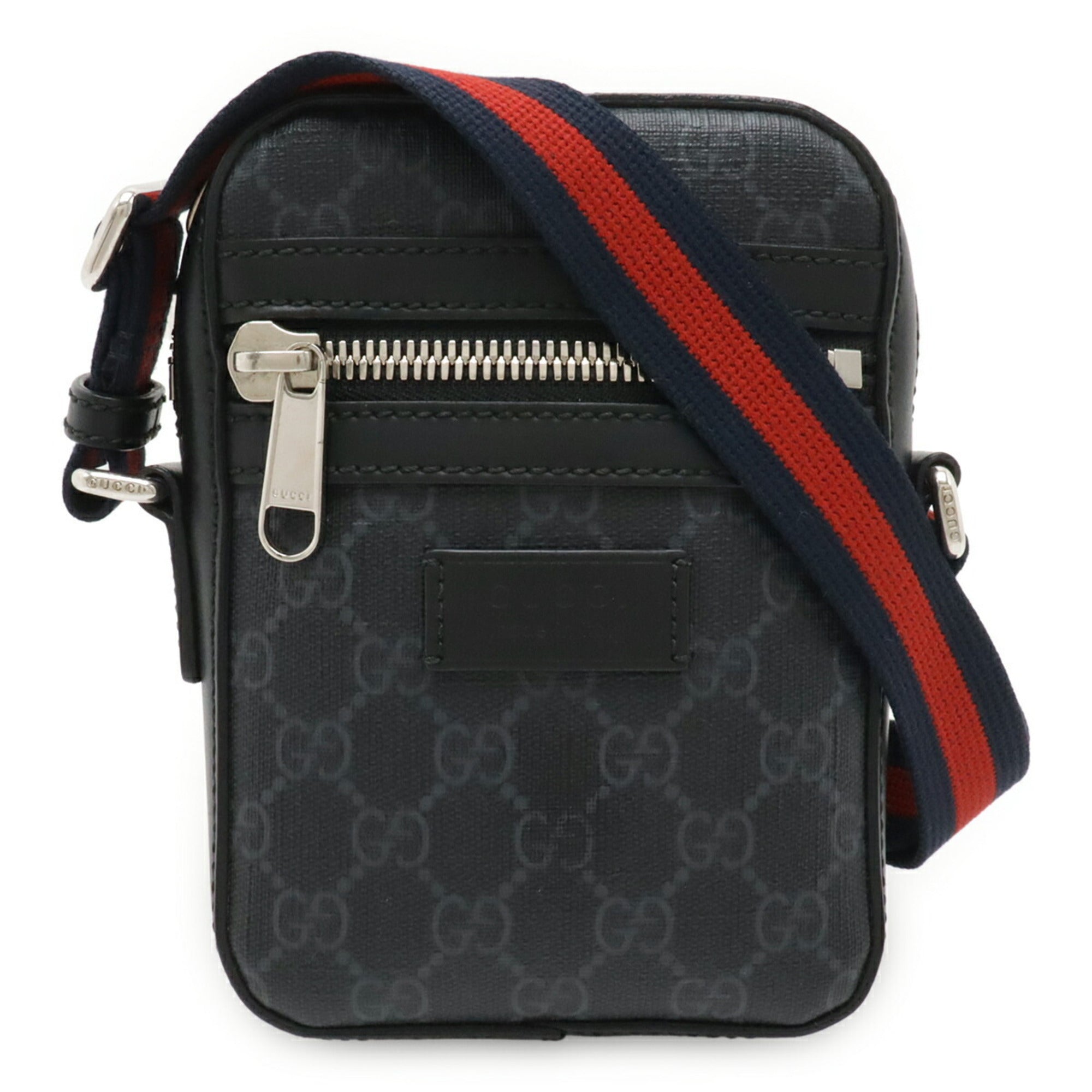 Gucci Black Dark Gray Navy Red Color Gg Supreme Canvas Pvc Coated Canvas Leather Messenger Bag Pochette Shoulder Bag (Pre-Owned)