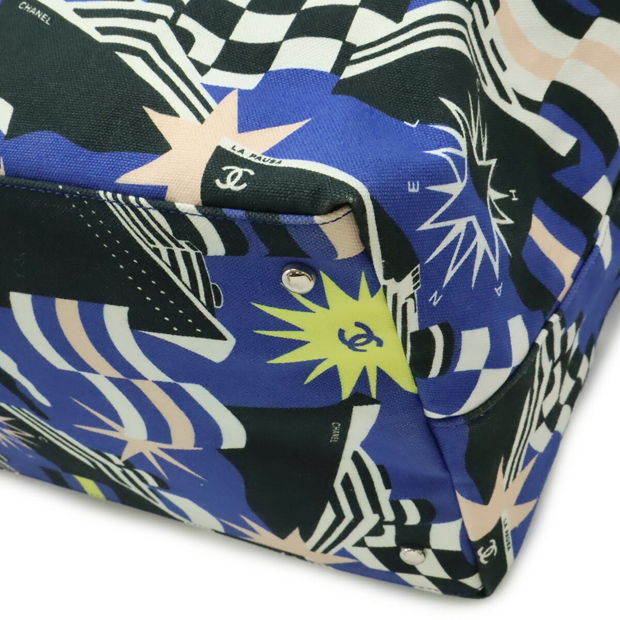Chanel Black Blue Multi-Color Canvas Shoulder Bag Tote Bag (Pre-Owned)
