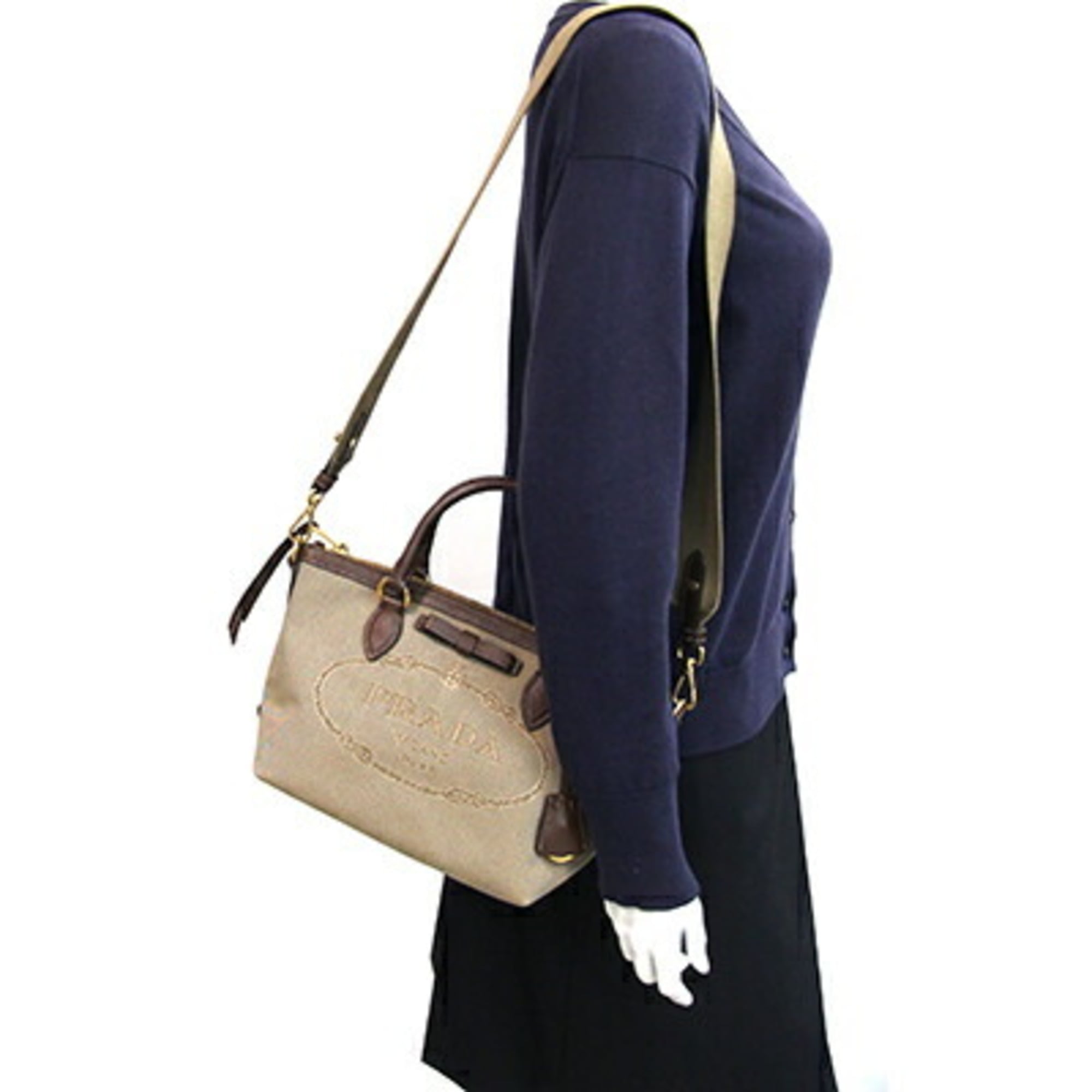 Prada Beige Beige Brown Brown Canvas Leather Handbag (Pre-Owned)