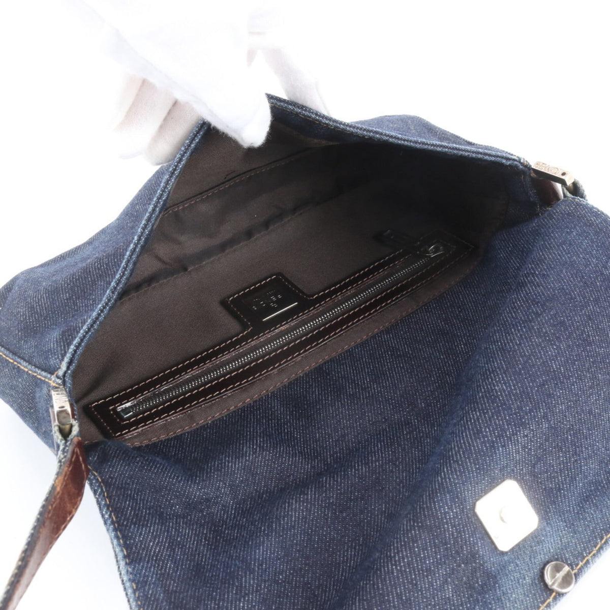 Fendi Navy Leather Canvas Handbag Shoulder Bag Tote Bag (Pre-Owned)